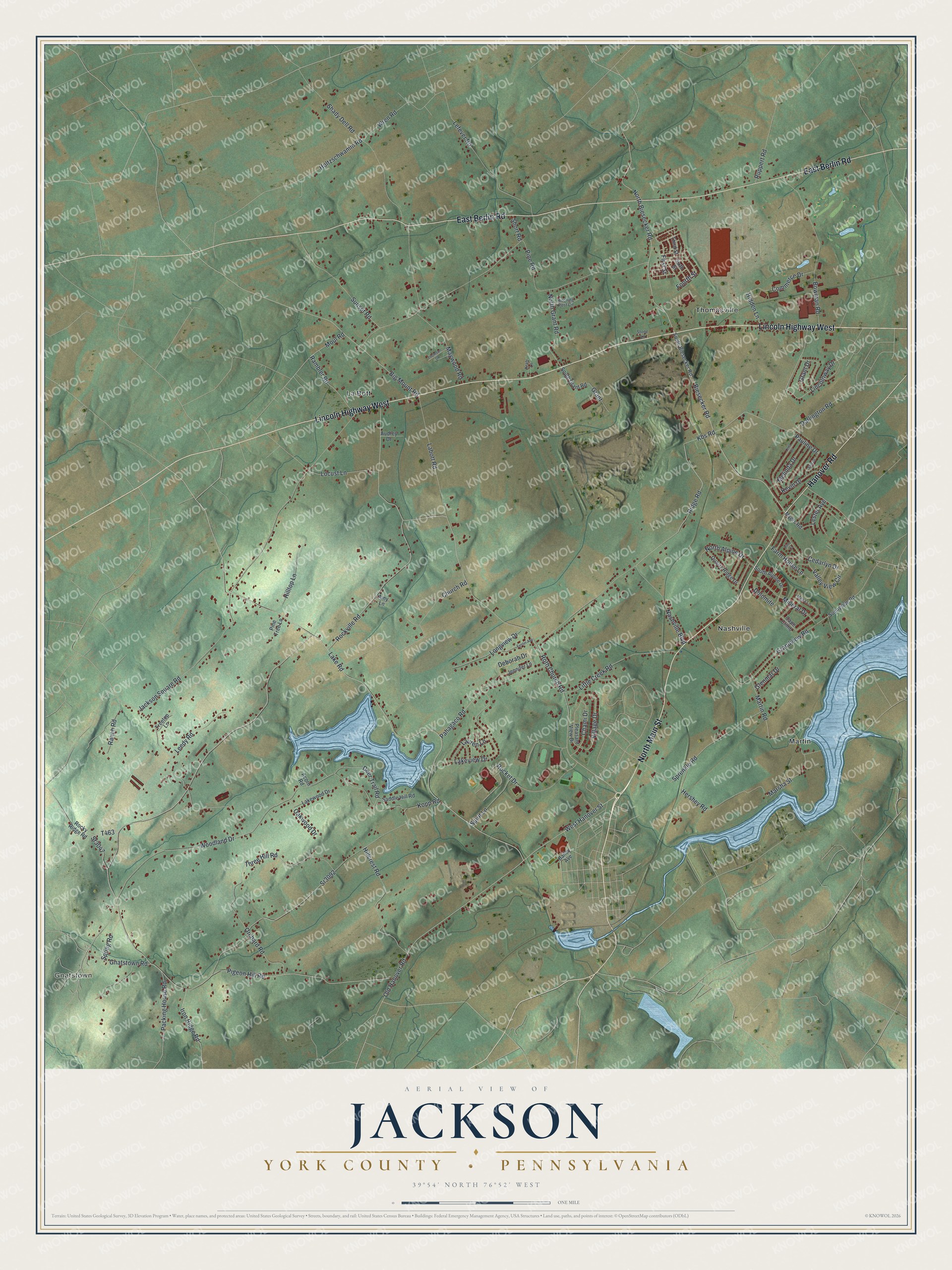 Full map of Jackson, York County, Pennsylvania, with red buildings, printed street names and the land around them