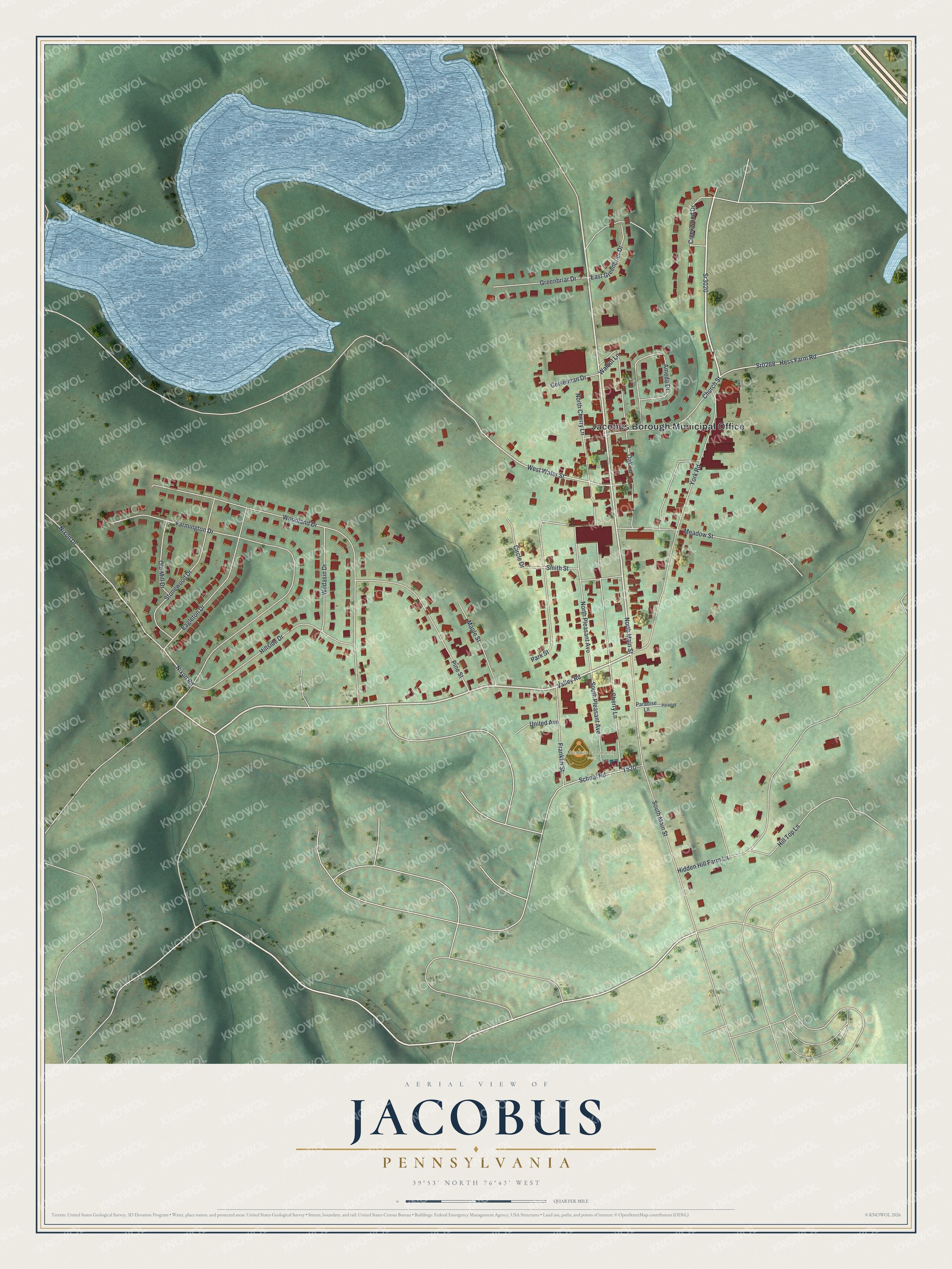 Full map of Jacobus, Pennsylvania, with red buildings, printed street names and the land around them