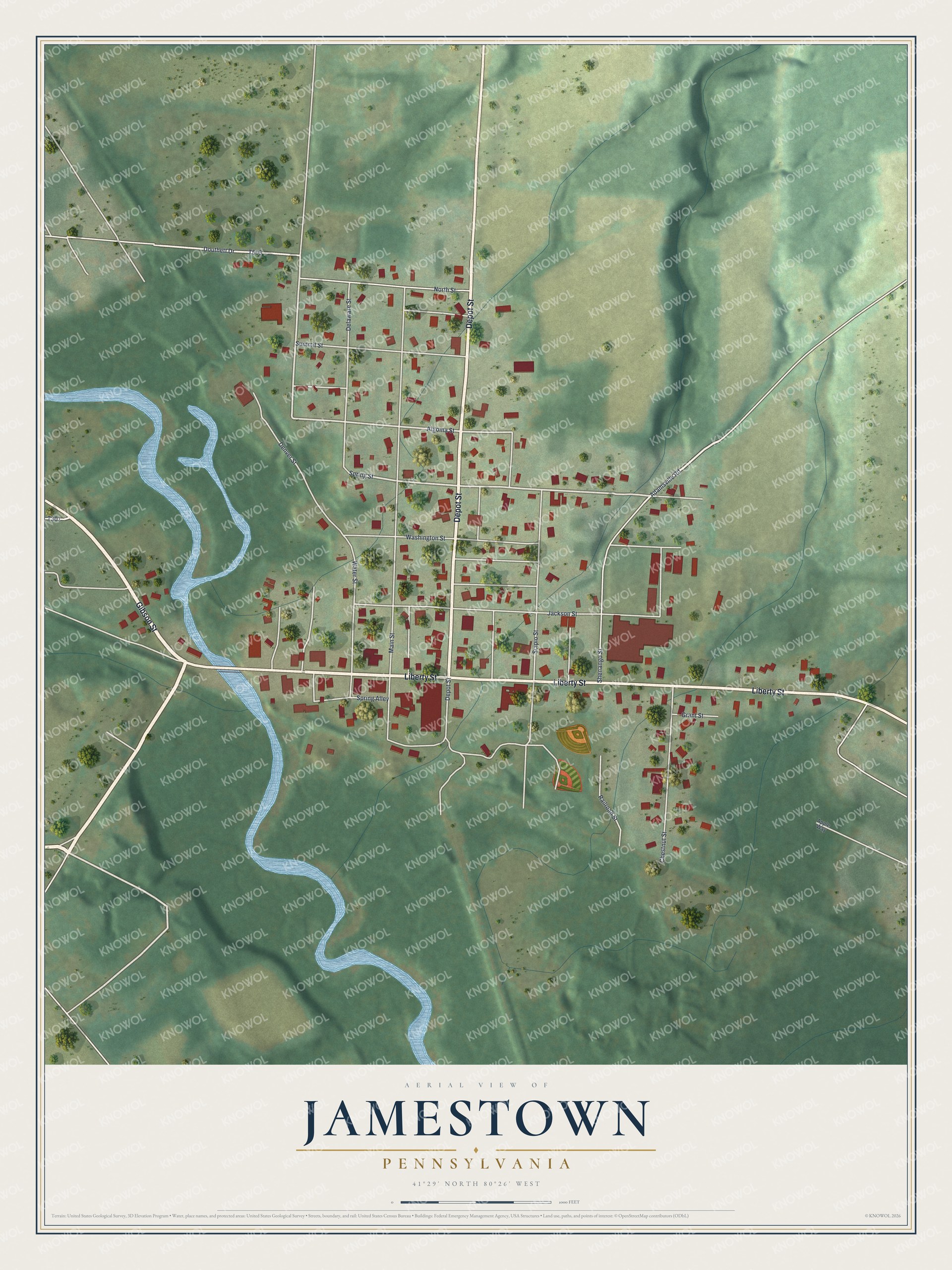 Full map of Jamestown, Pennsylvania, with red buildings, printed street names and the land around them