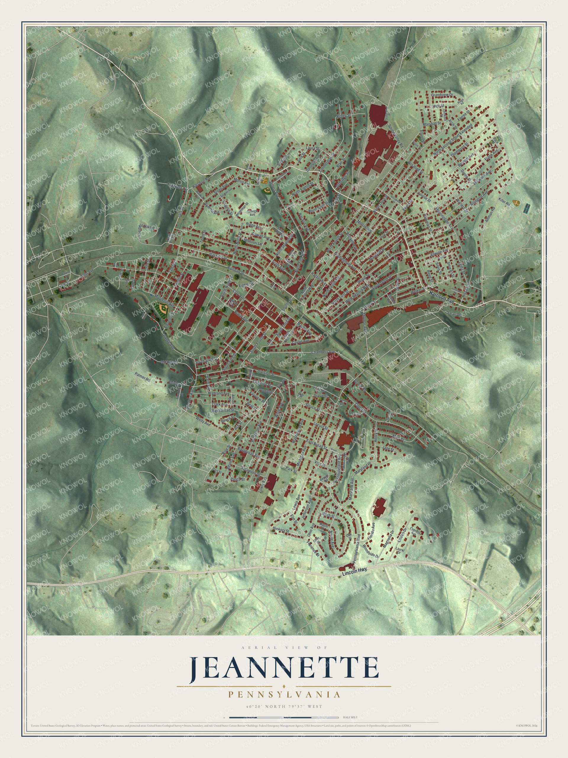 Full map of Jeannette, Pennsylvania, with red buildings, printed street names and the land around them