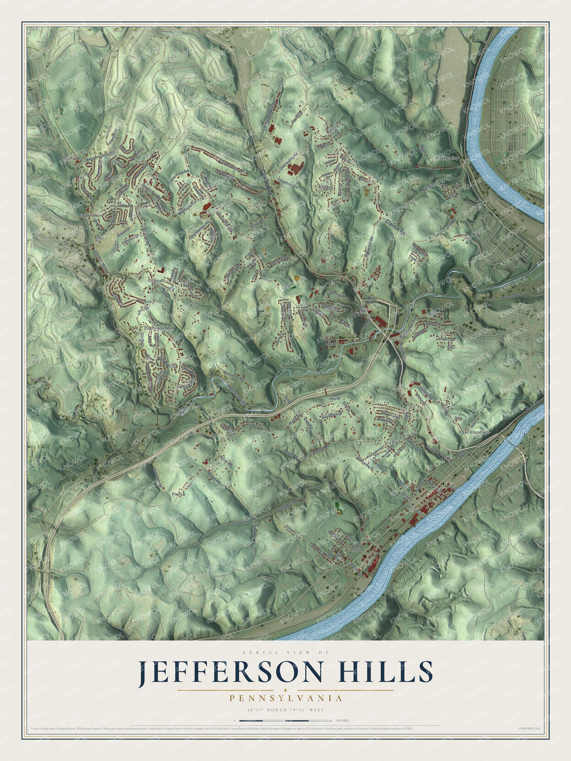 Full map of Jefferson Hills, Pennsylvania, with red buildings, printed street names and the land around them