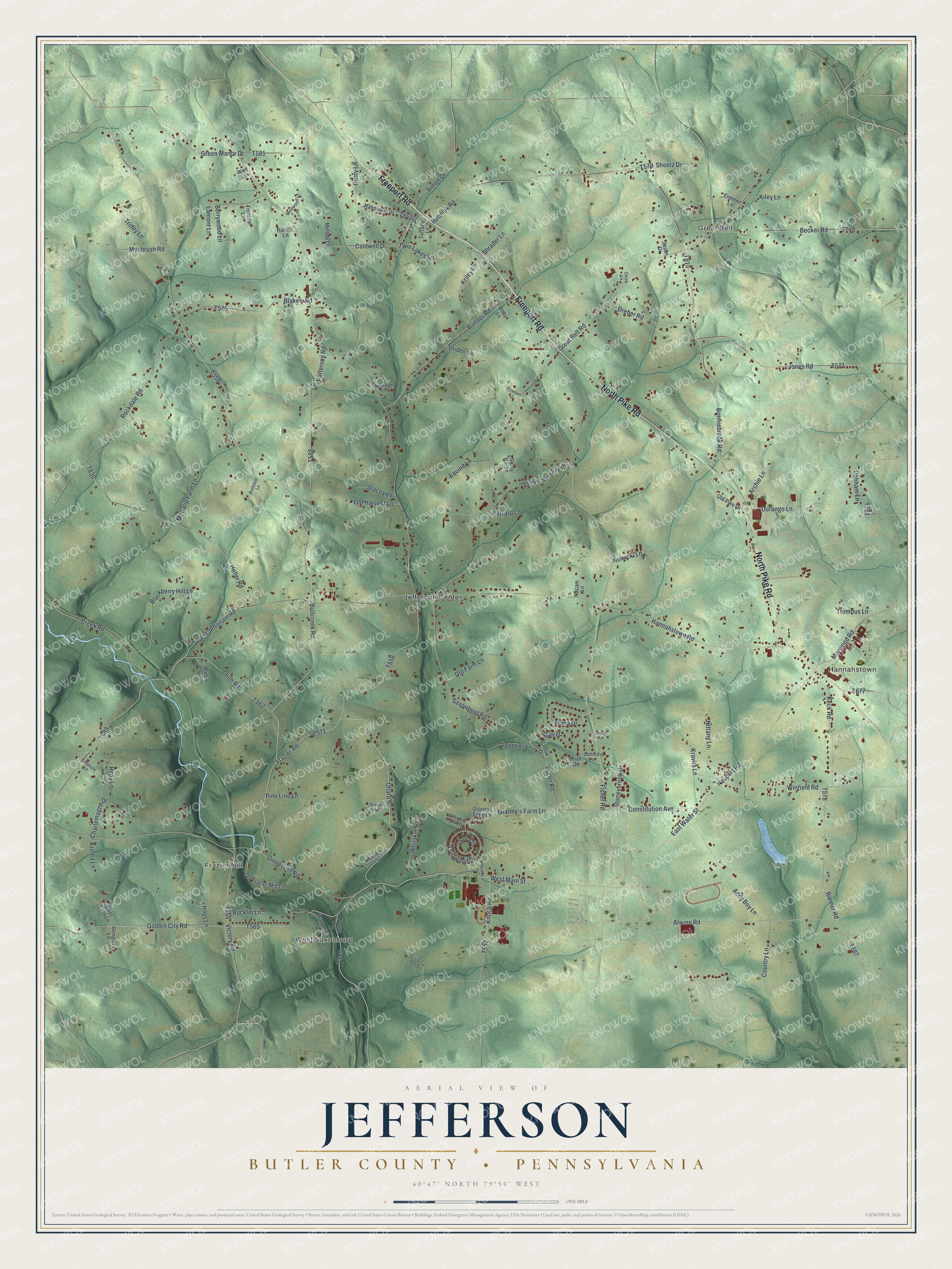 Full map of Jefferson, Butler County, Pennsylvania, with red buildings, printed street names and the land around them