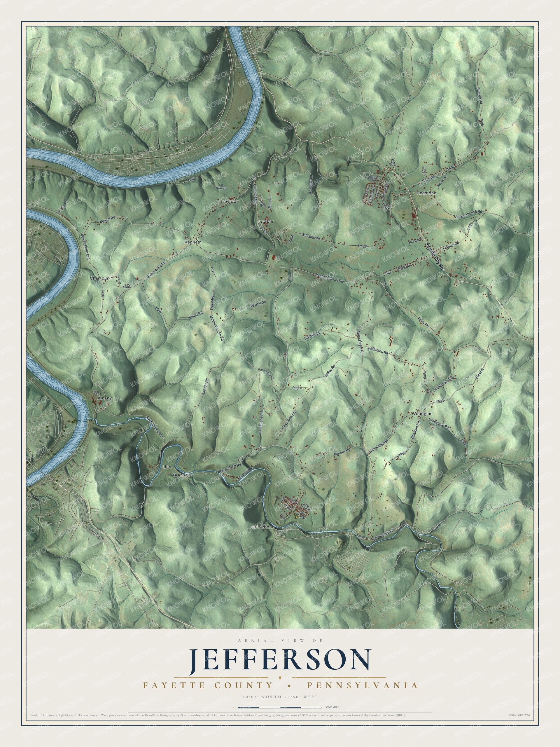 Full map of Jefferson, Fayette County, Pennsylvania, with red buildings, printed street names and the land around them