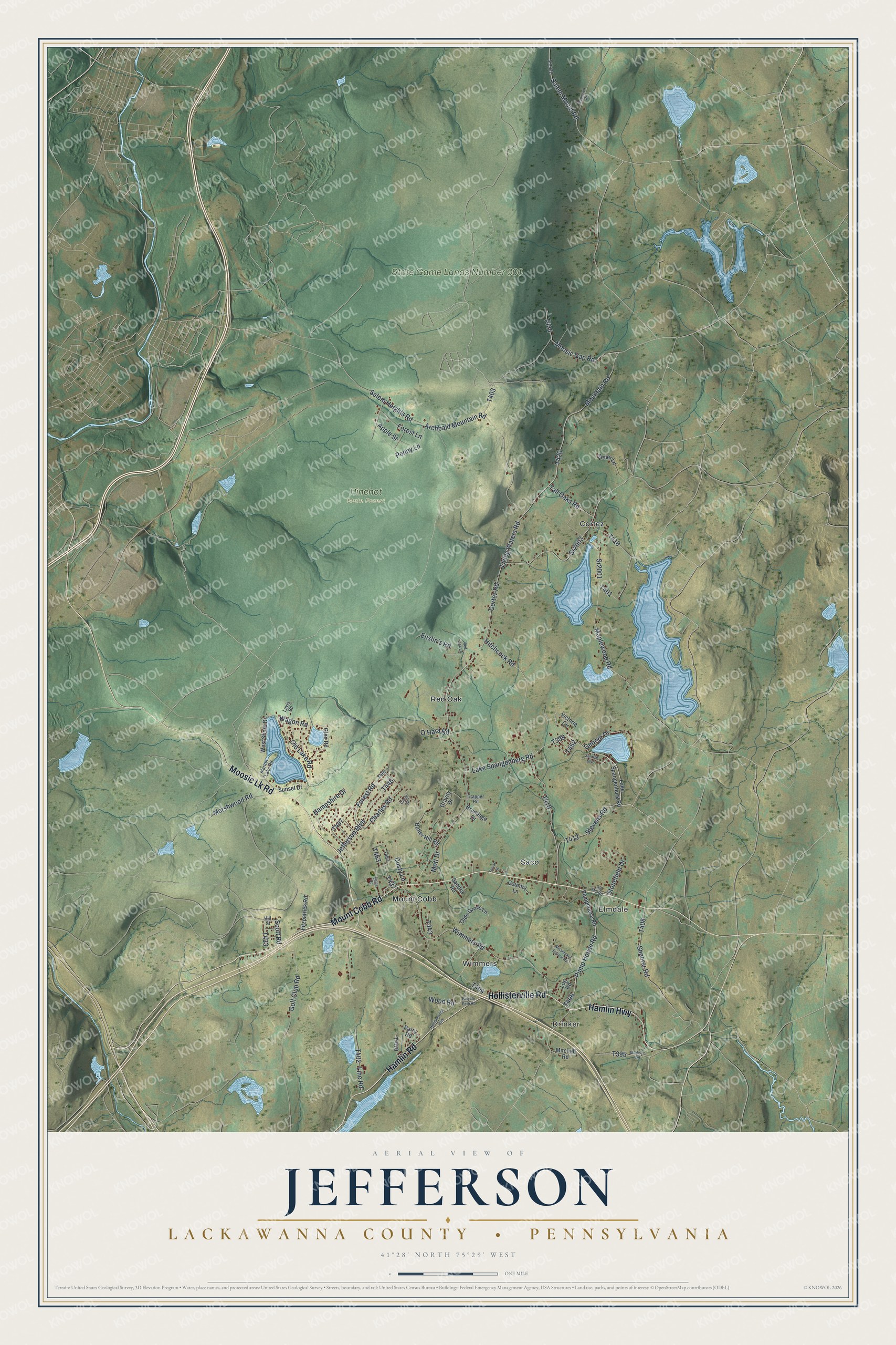Full map of Jefferson, Lackawanna County, Pennsylvania, with red buildings, printed street names and the land around them