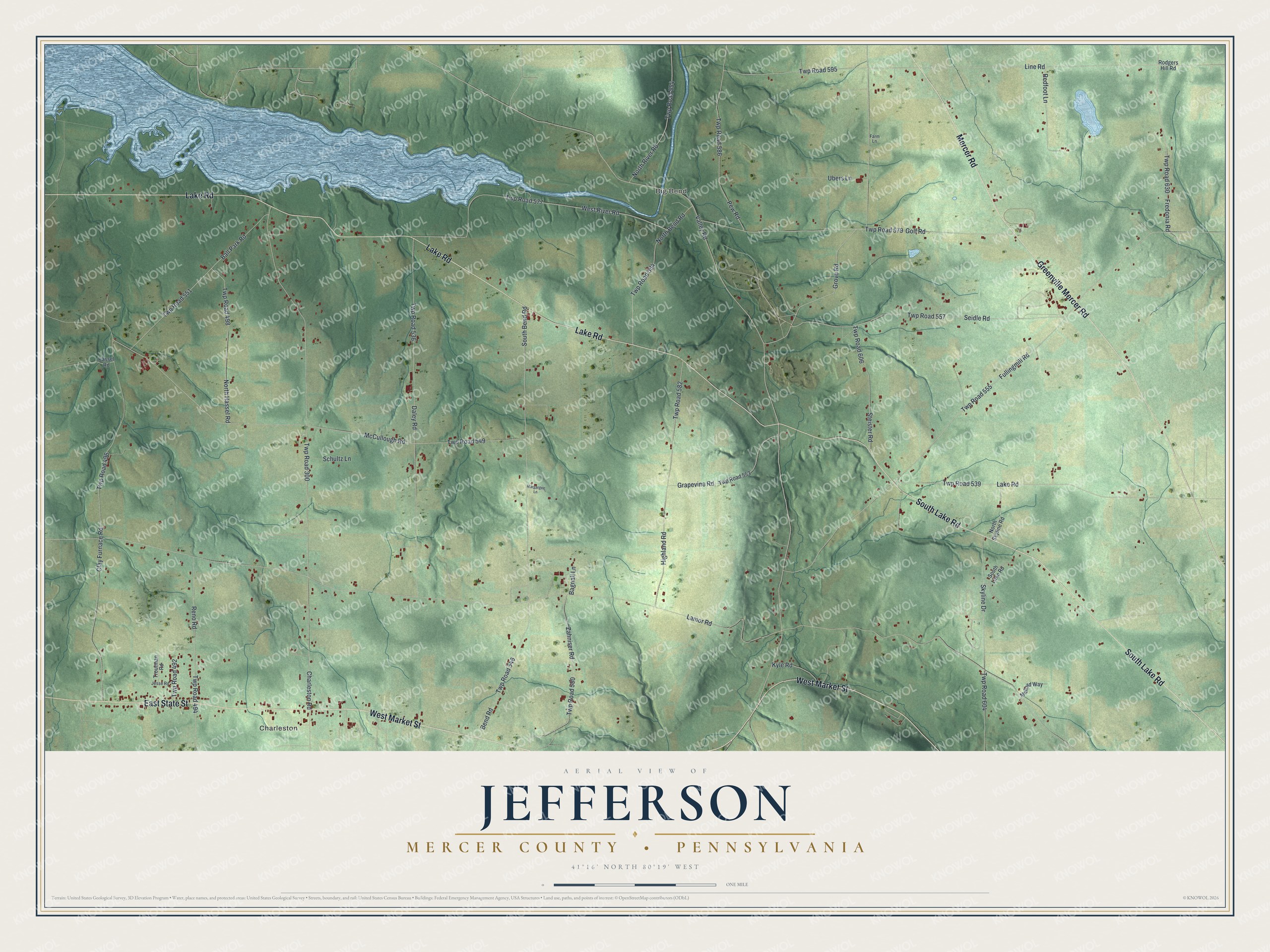 Full map of Jefferson, Mercer County, Pennsylvania, with red buildings, printed street names and the land around them