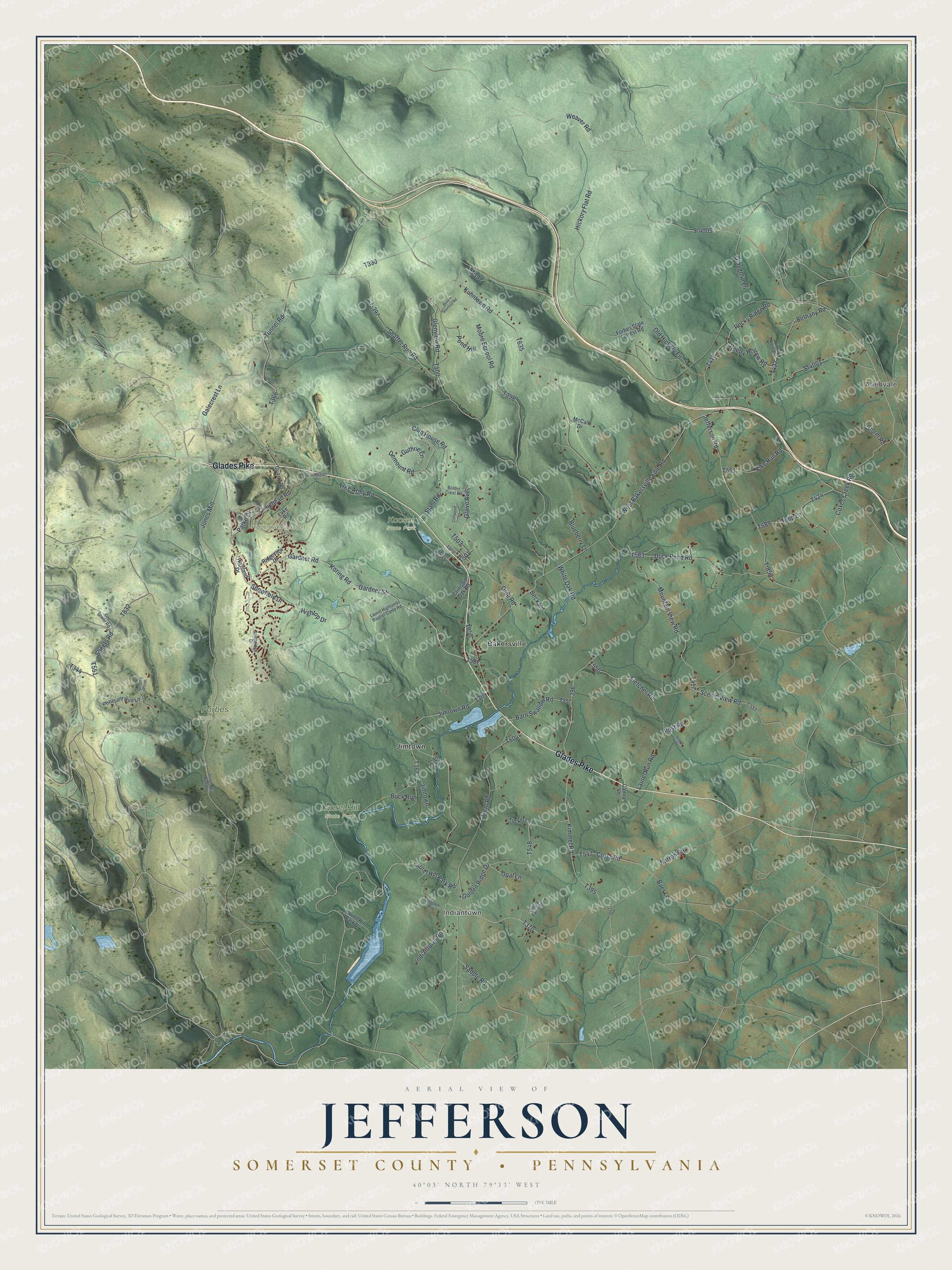 Full map of Jefferson, Somerset County, Pennsylvania, with red buildings, printed street names and the land around them
