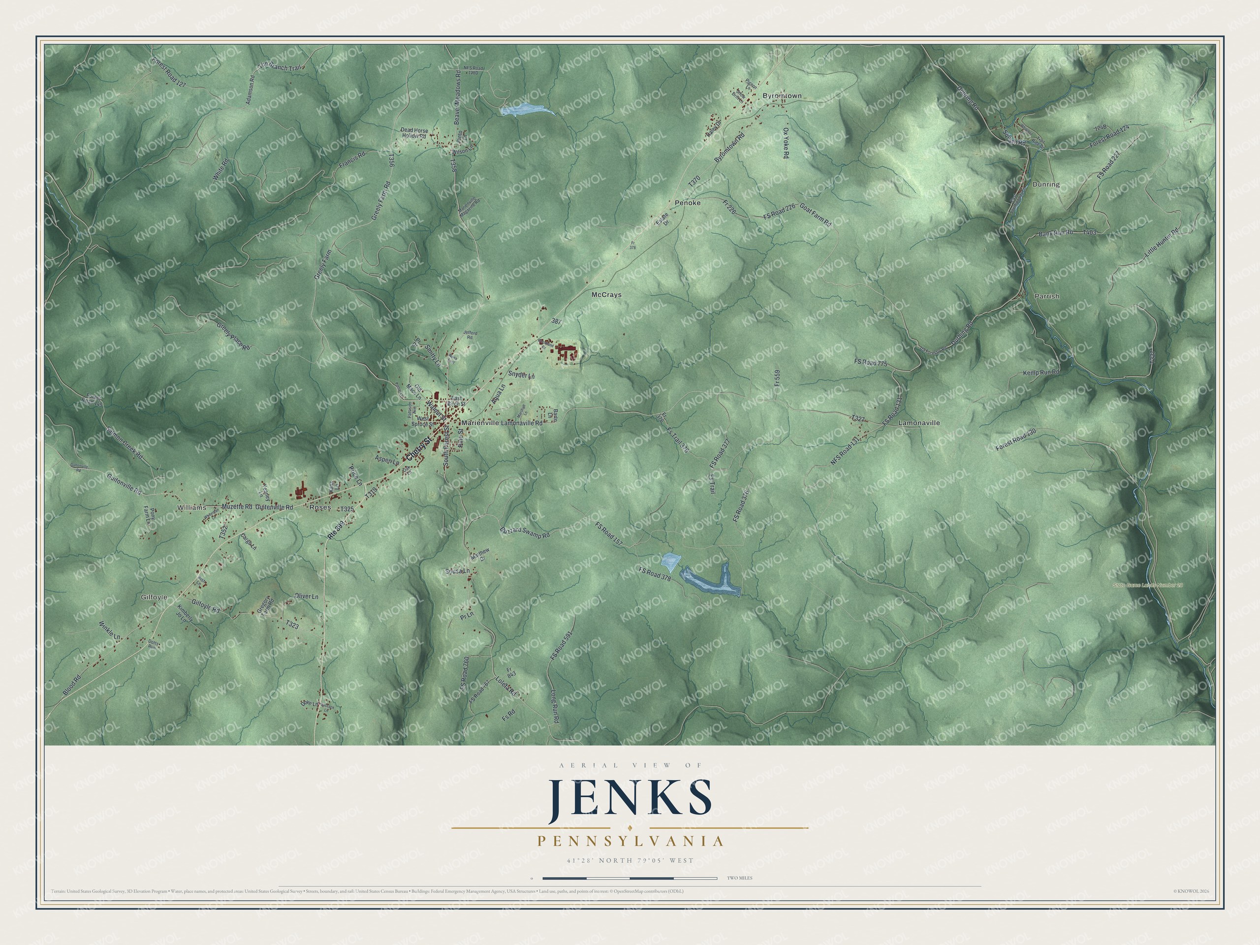 Full map of Jenks, Pennsylvania, with red buildings, printed street names and the land around them