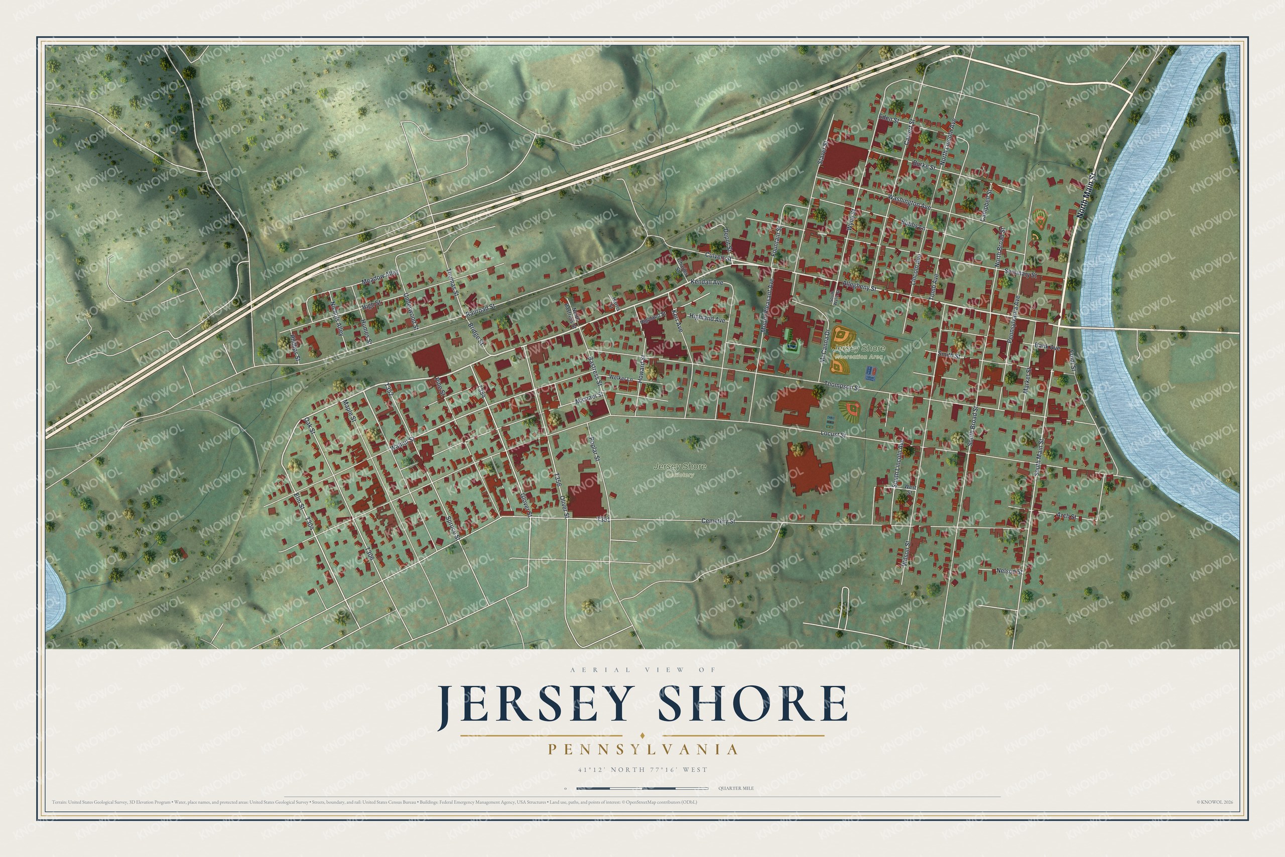 Full map of Jersey Shore, Pennsylvania, with red buildings, printed street names and the land around them