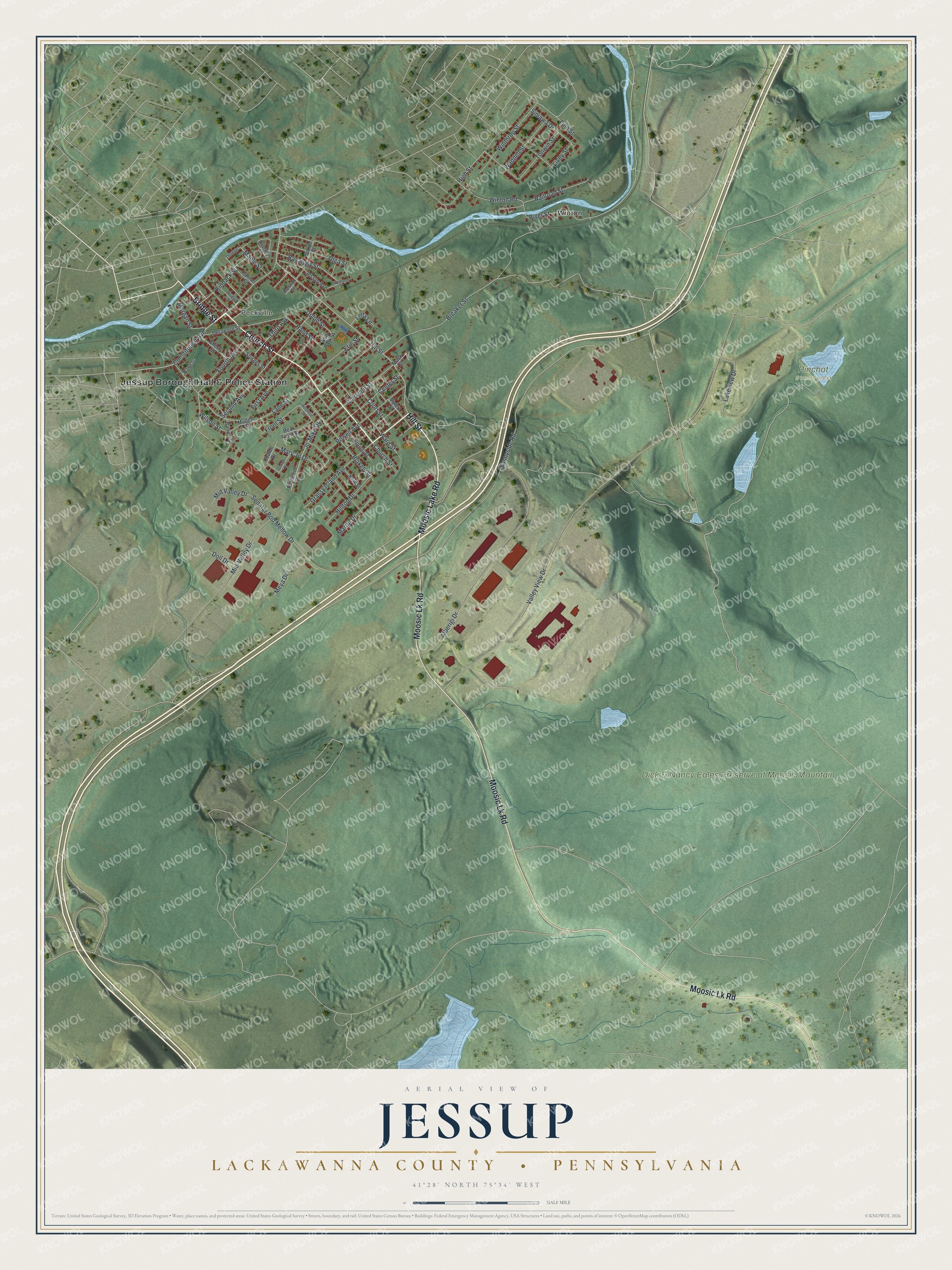Full map of Jessup, Lackawanna County, Pennsylvania, with red buildings, printed street names and the land around them