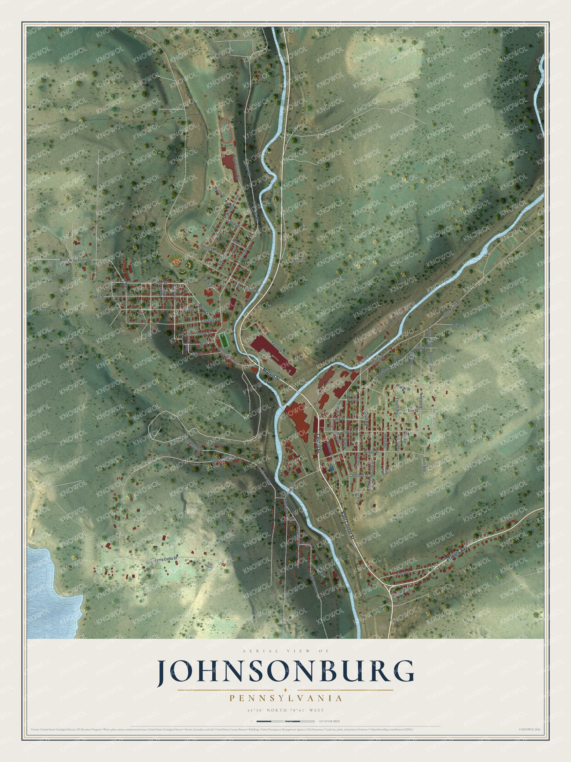 Full map of Johnsonburg, Pennsylvania, with red buildings, printed street names and the land around them