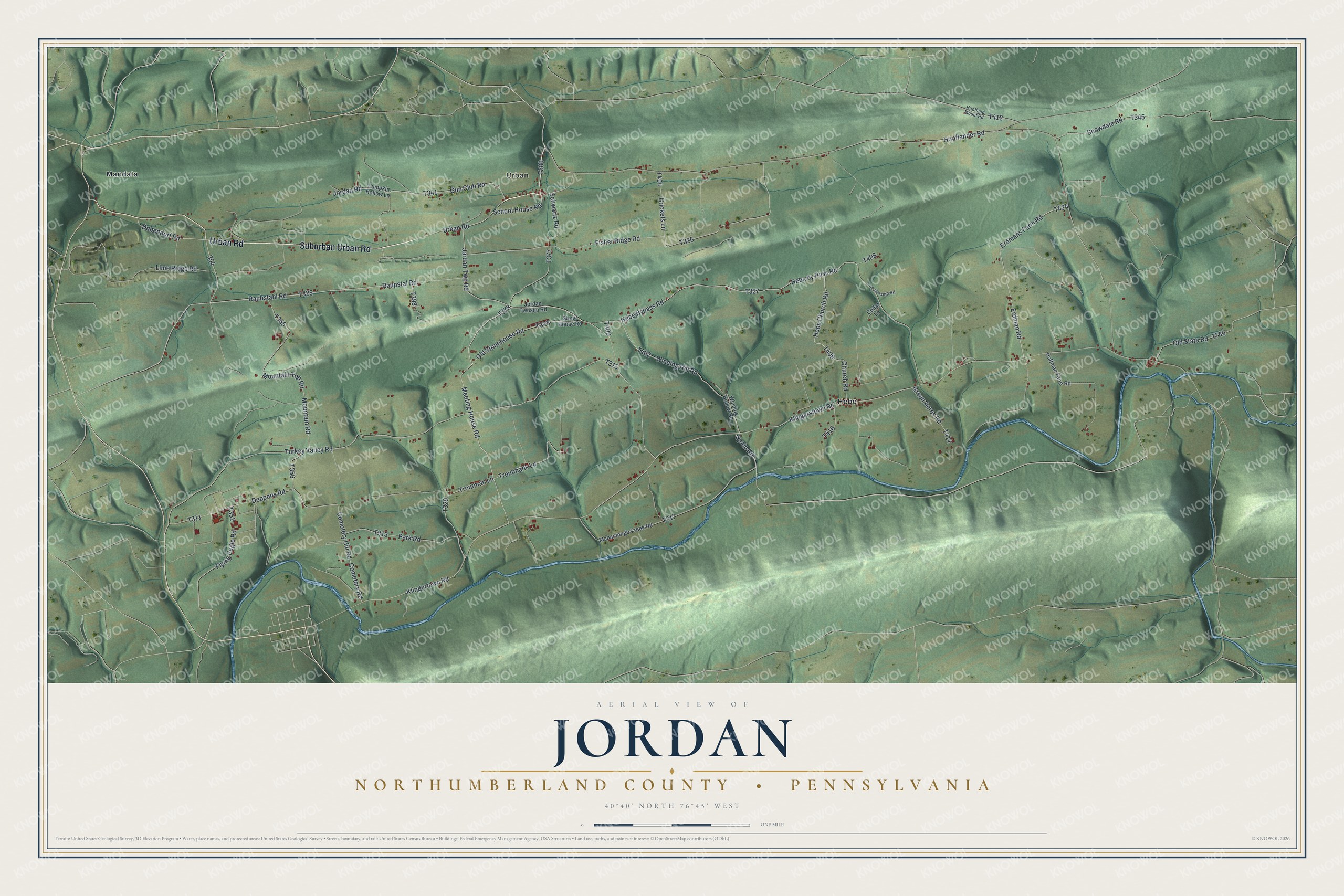 Full map of Jordan, Northumberland County, Pennsylvania, with red buildings, printed street names and the land around them