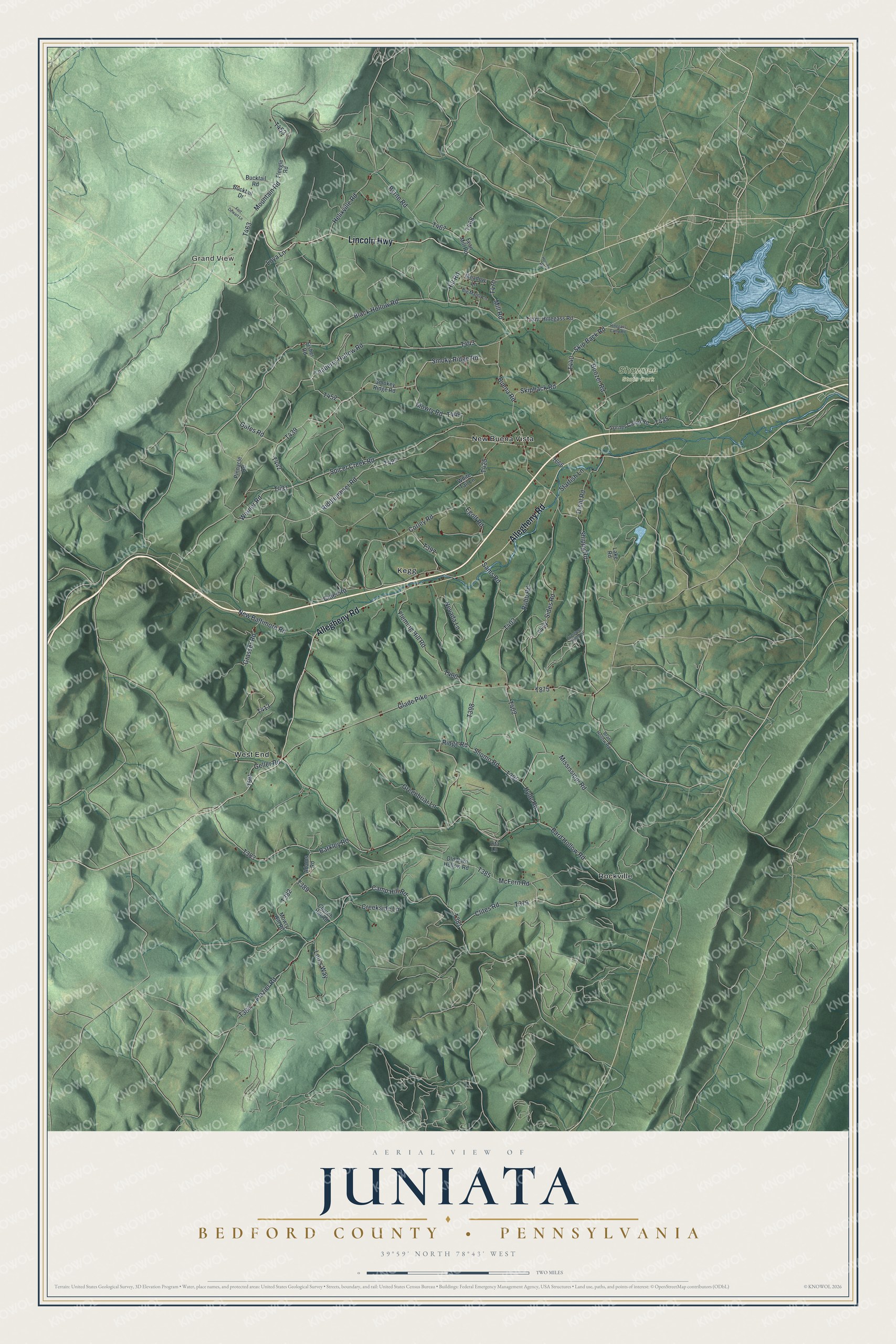 Full map of Juniata, Bedford County, Pennsylvania, with red buildings, printed street names and the land around them