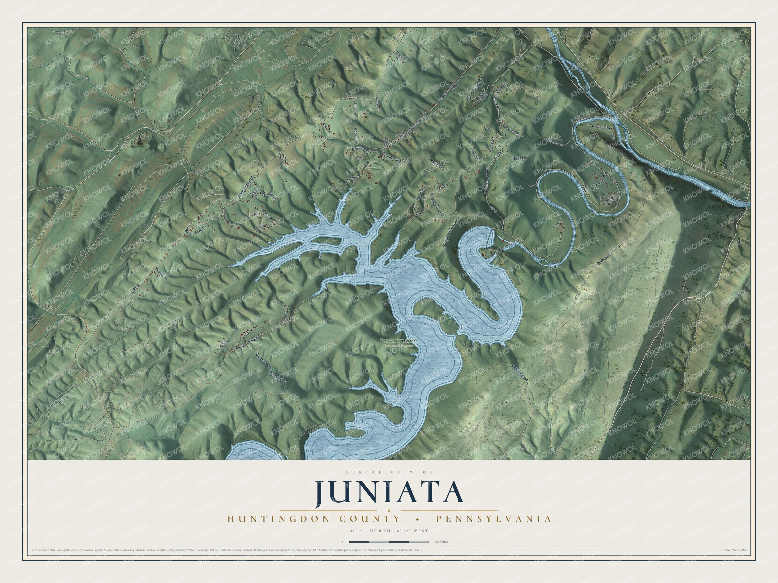 Full map of Juniata, Huntingdon County, Pennsylvania, with red buildings, printed street names and the land around them