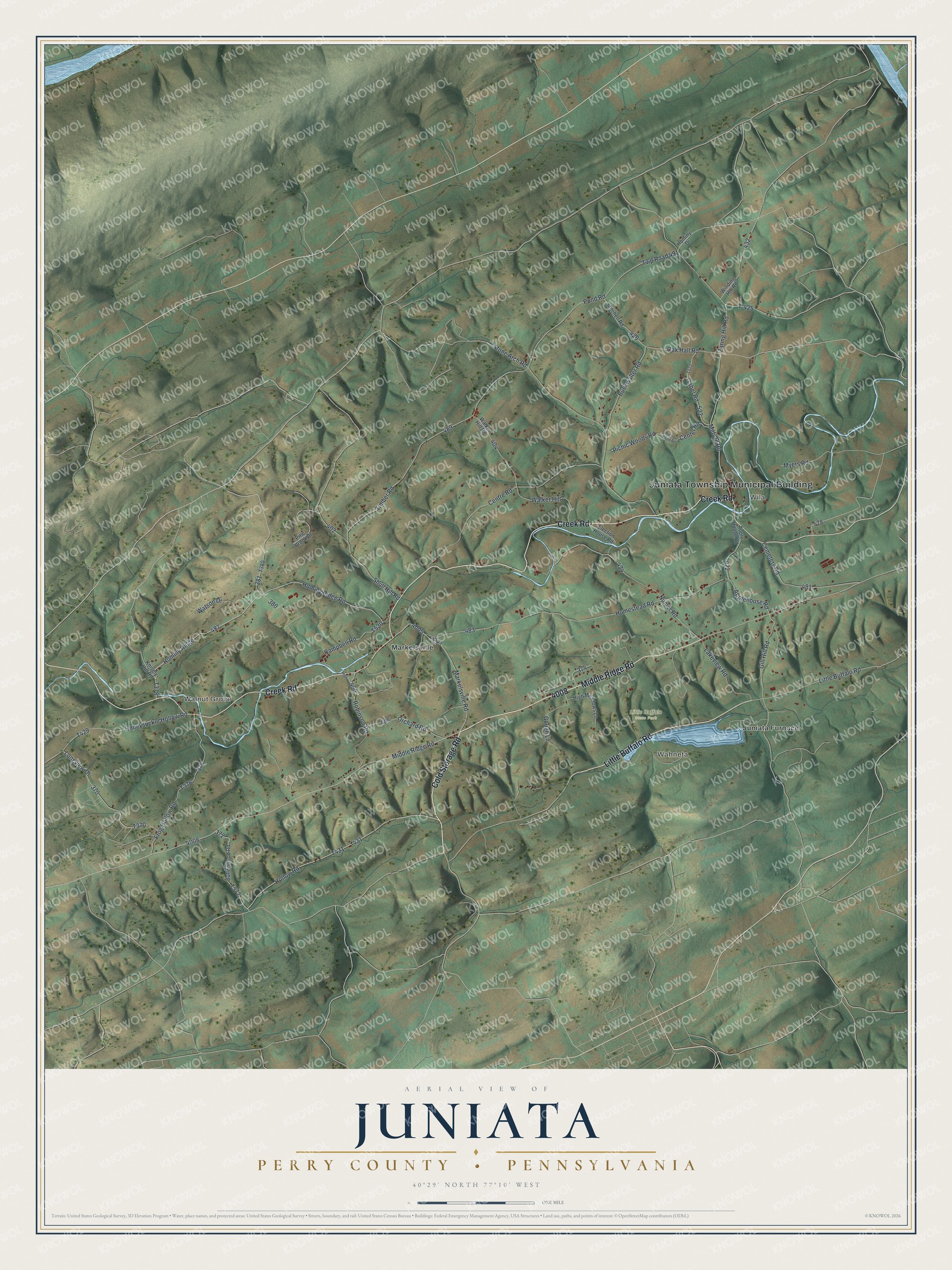 Full map of Juniata, Perry County, Pennsylvania, with red buildings, printed street names and the land around them