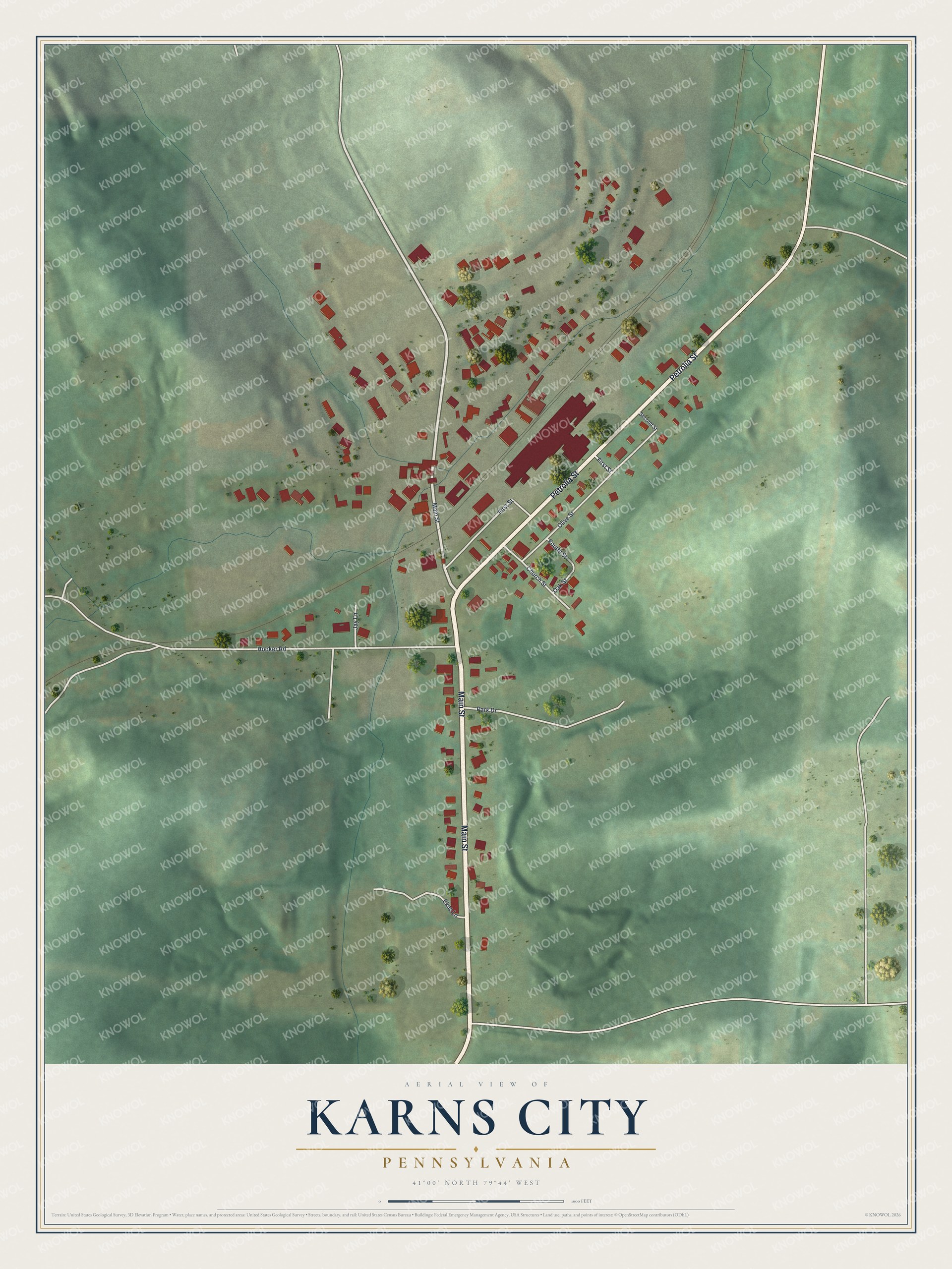 Full map of Karns City, Pennsylvania, with red buildings, printed street names and the land around them