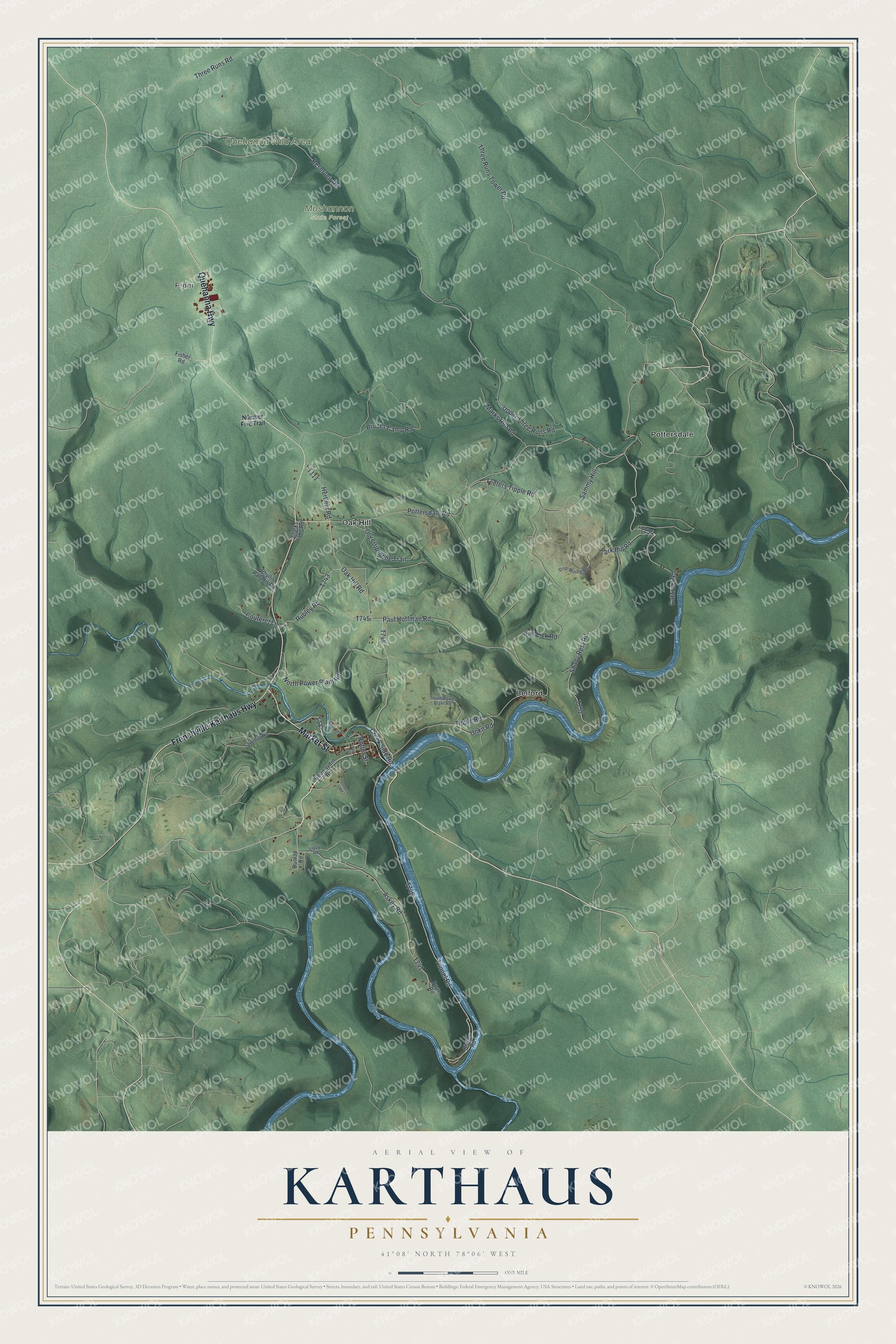 Full map of Karthaus, Pennsylvania, with red buildings, printed street names and the land around them