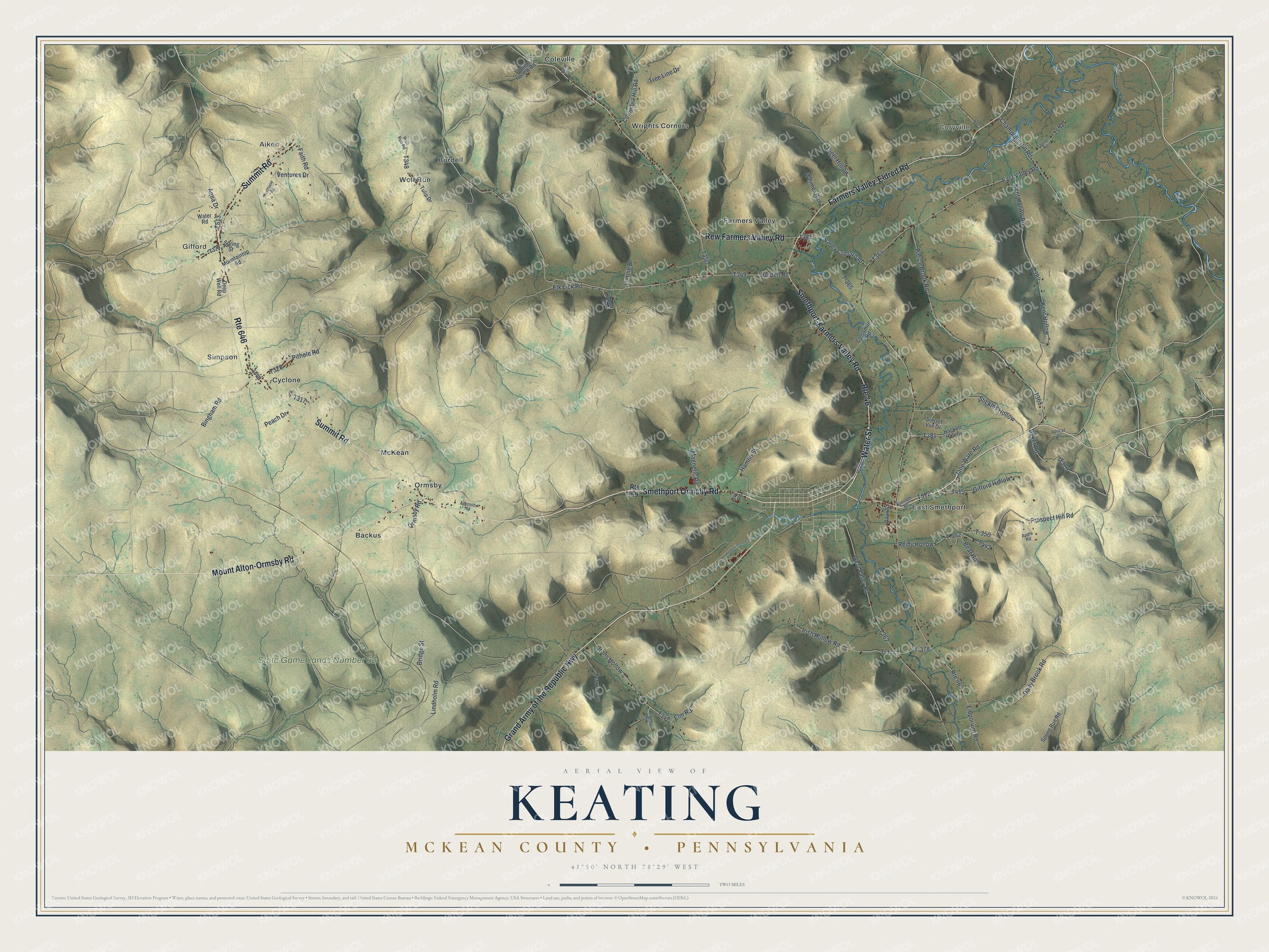 Full map of Keating, McKean County, Pennsylvania, with red buildings, printed street names and the land around them