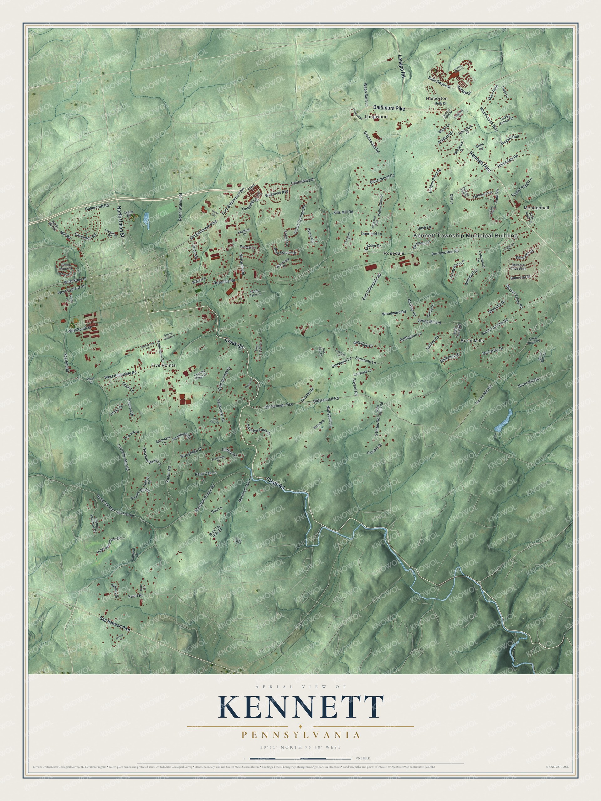 Full map of Kennett, Pennsylvania, with red buildings, printed street names and the land around them