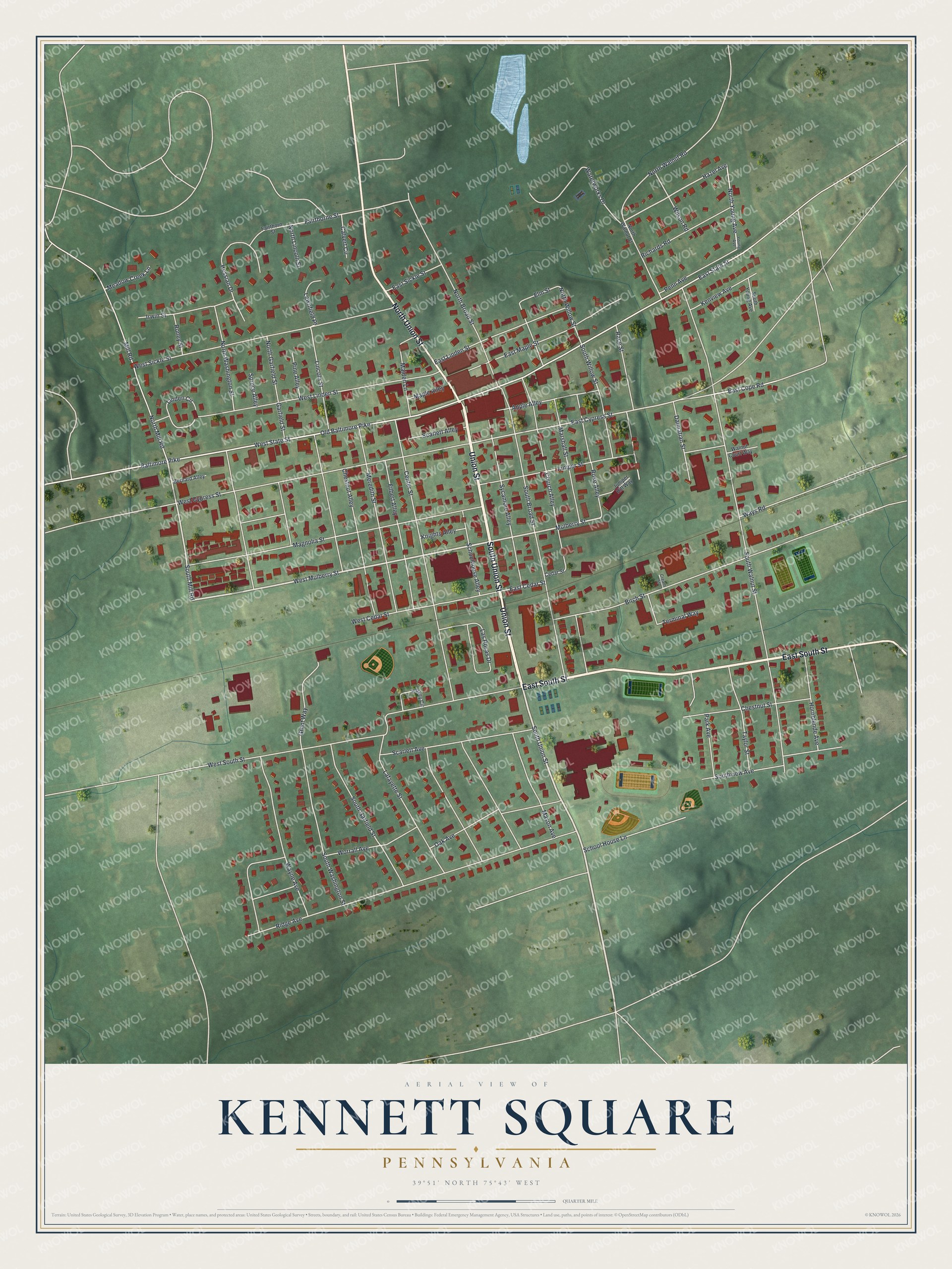 Full map of Kennett Square, Pennsylvania, with red buildings, printed street names and the land around them