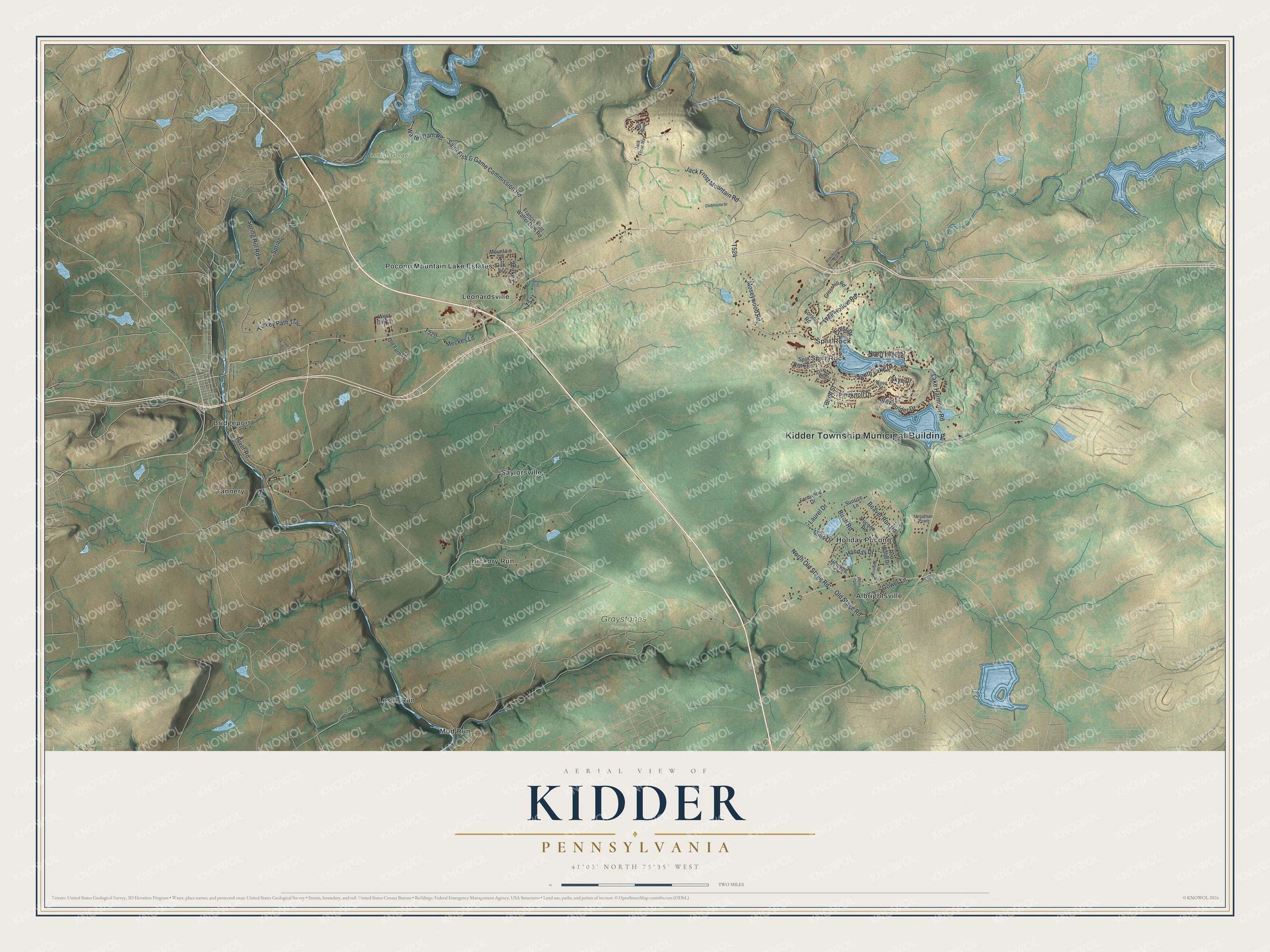 Full map of Kidder, Pennsylvania, with red buildings, printed street names and the land around them