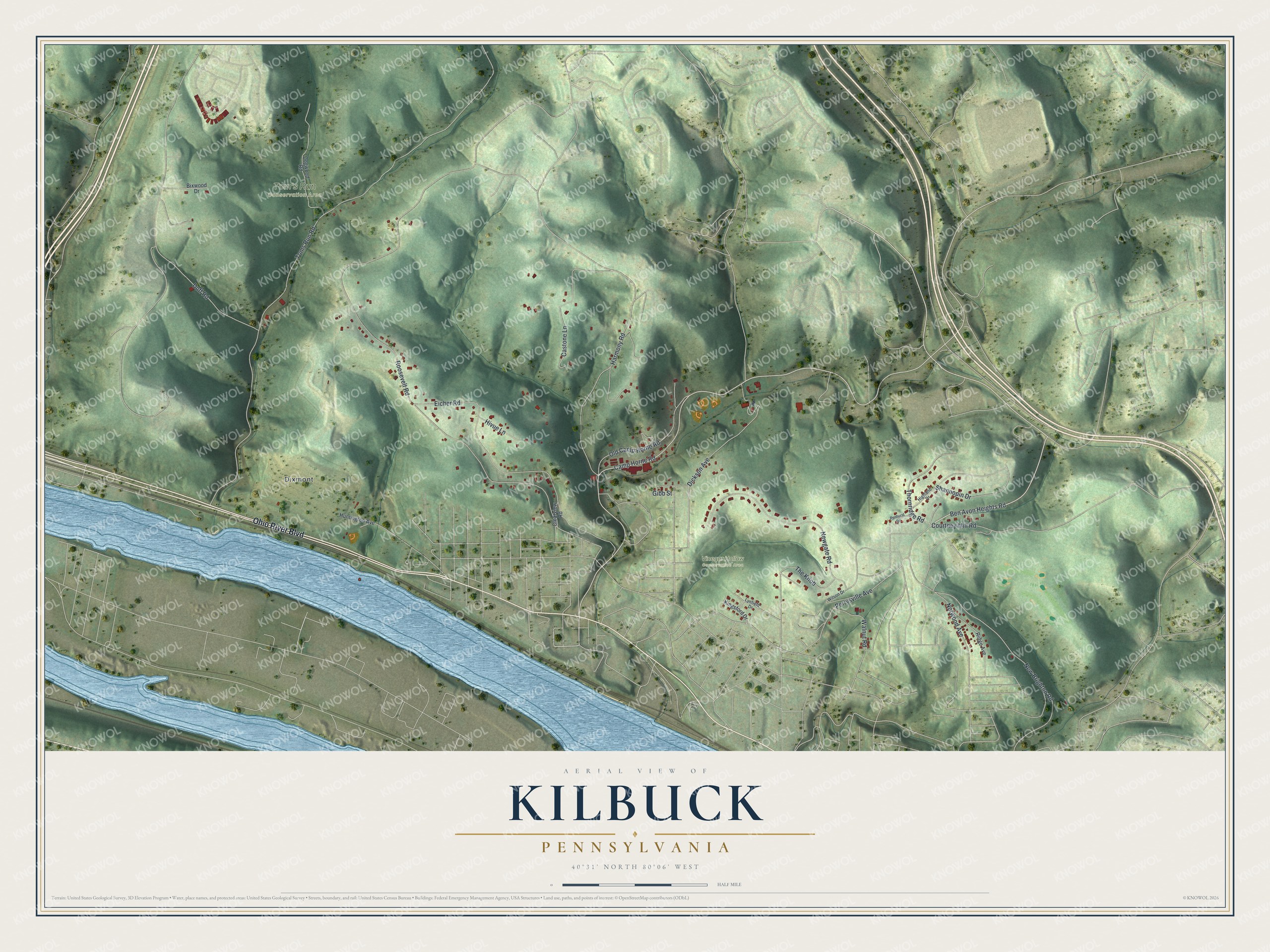 Full map of Kilbuck, Pennsylvania, with red buildings, printed street names and the land around them