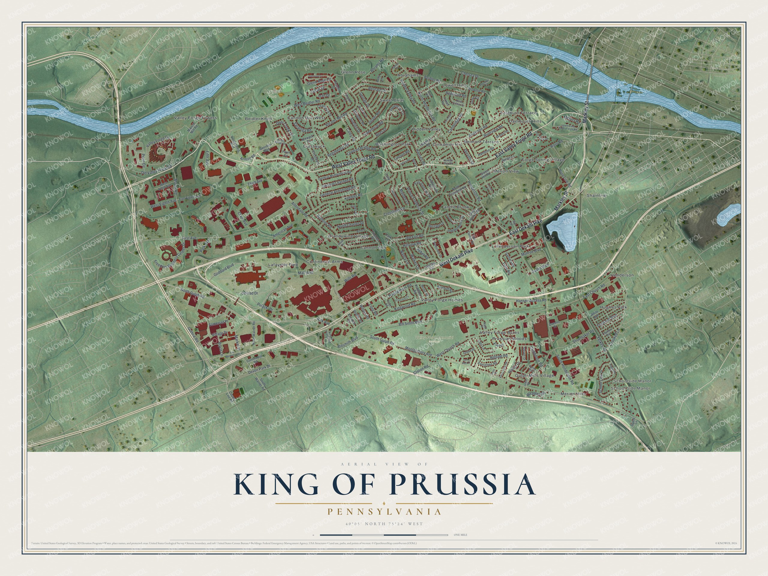 Full King of Prussia map with red buildings, green shaded hills, blue water, named streets, and a cream title panel