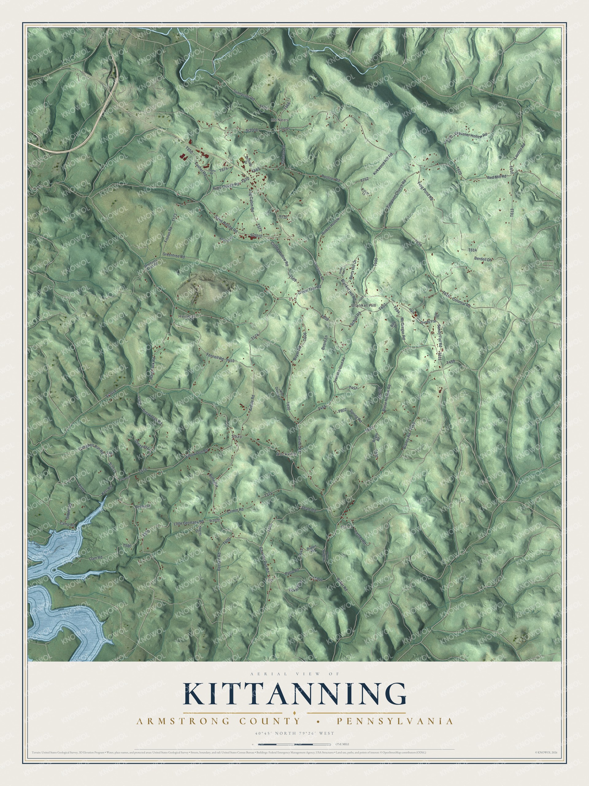 Aerial-style map of Kittanning Township in Armstrong County, Pennsylvania, with green ridges, winding country roads and blue water at lower left