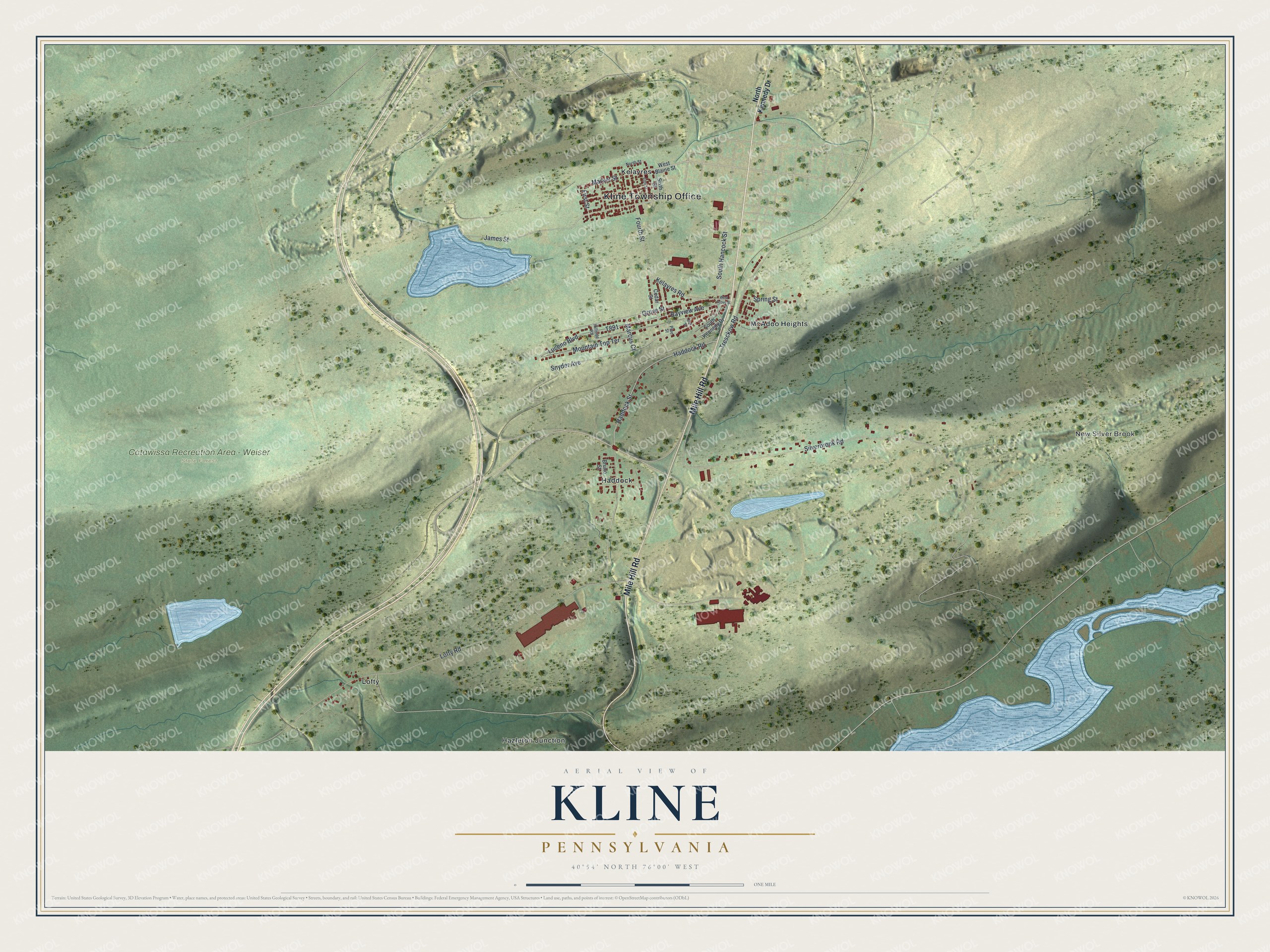 Full map of Kline, Pennsylvania, with red buildings, printed street names and the land around them
