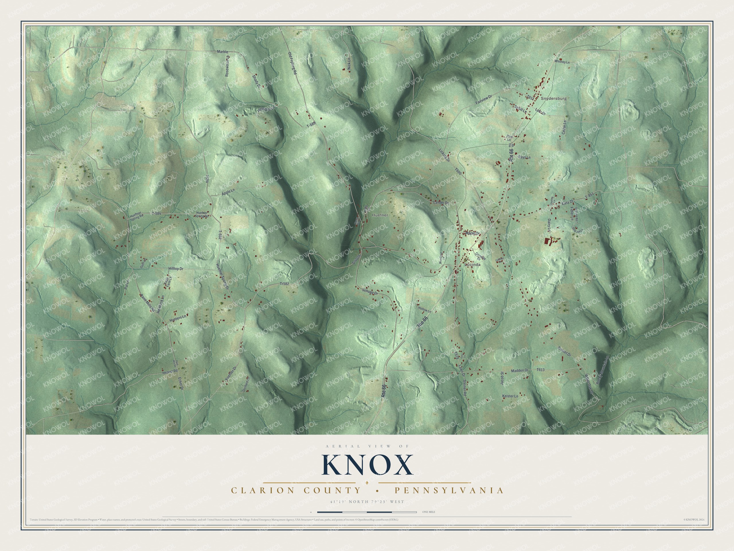 Full map of Knox Township, Clarion County, Pennsylvania, with red buildings, printed street names and the land around them