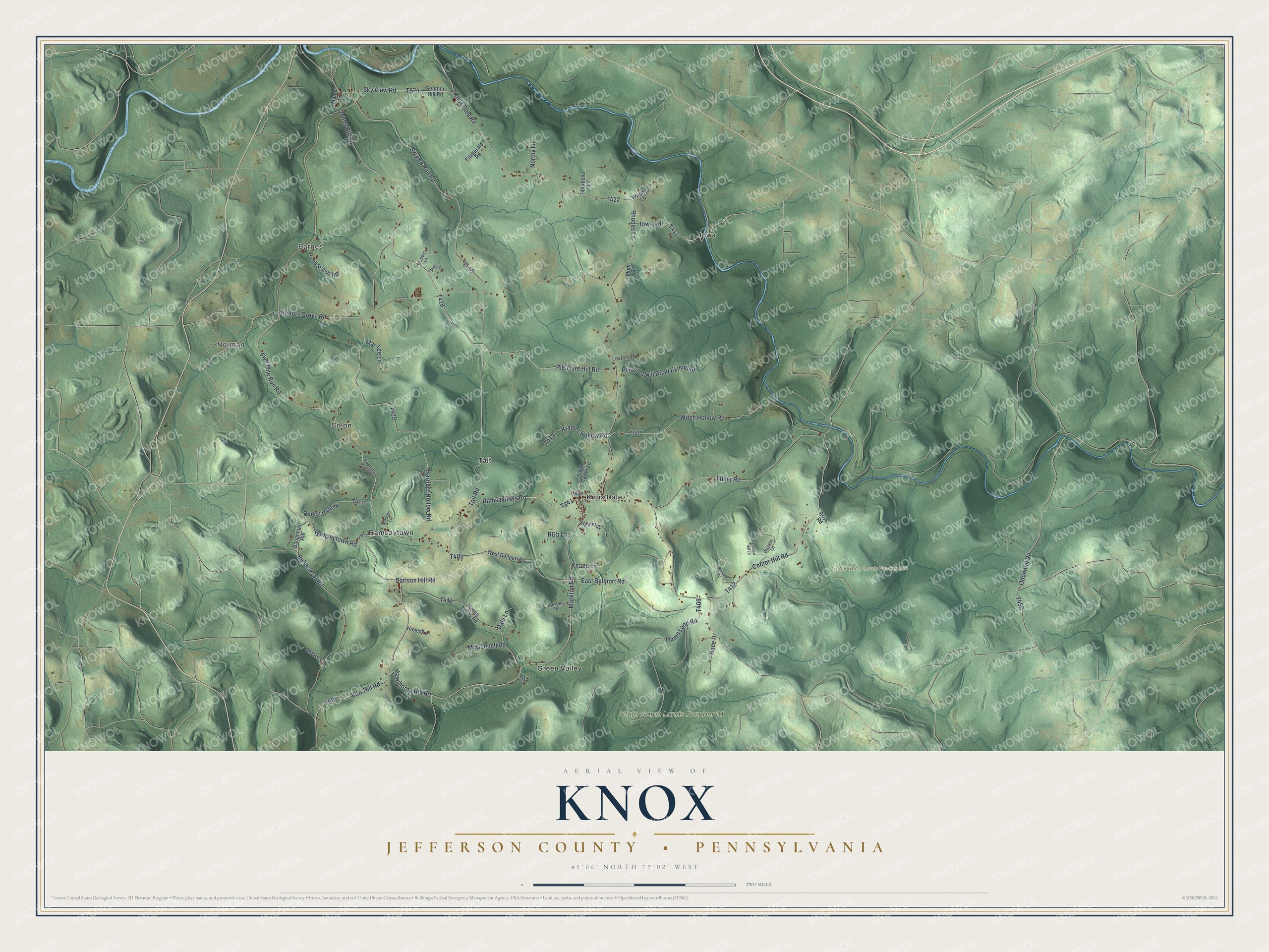 Full map of Knox, Jefferson County, Pennsylvania, with red buildings, printed street names and the land around them