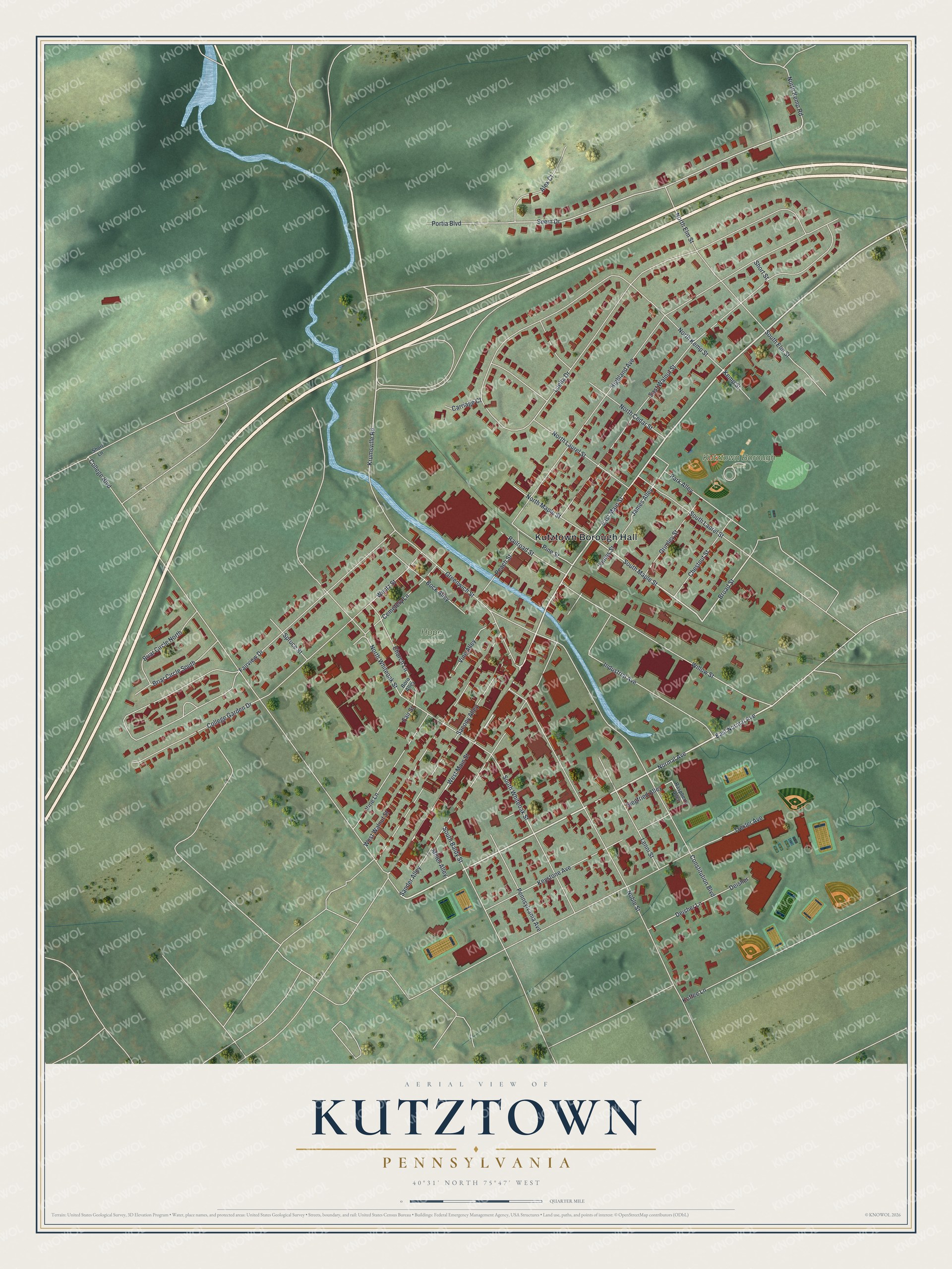 Full map of Kutztown, Pennsylvania, with red buildings, printed street names and the land around them