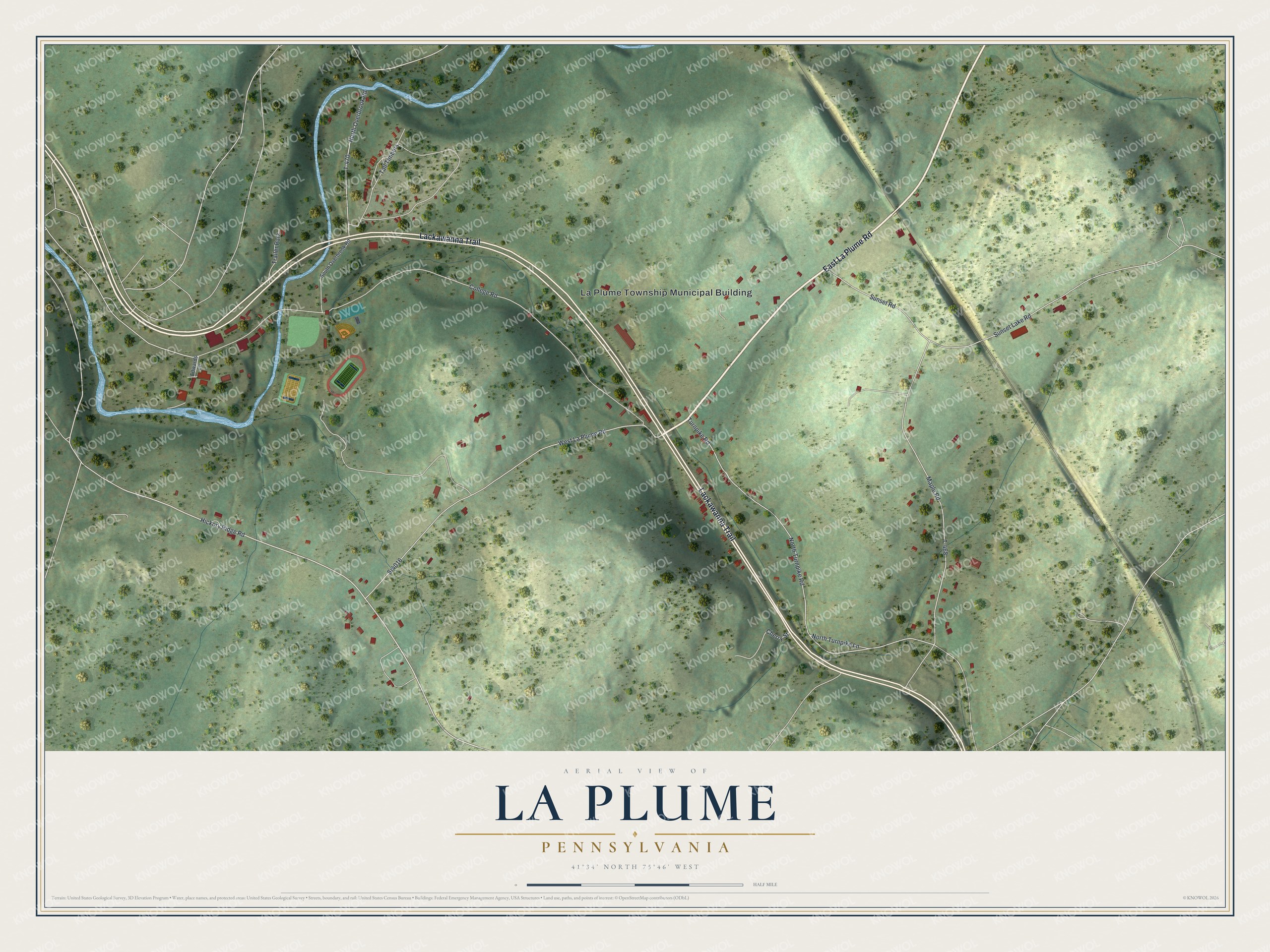 Full map of La Plume, Pennsylvania, with red buildings, printed street names and the land around them