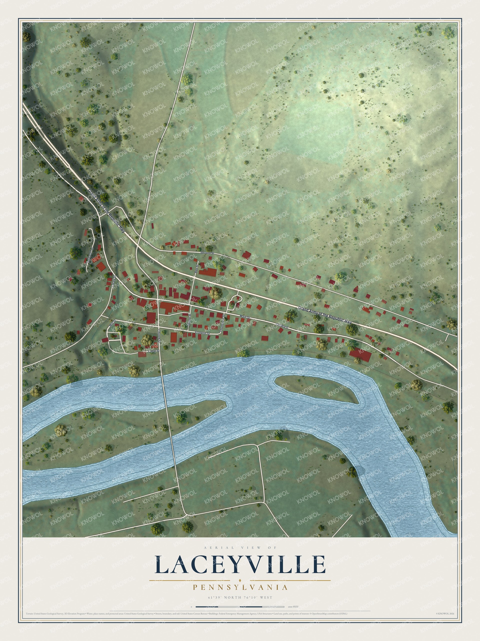 Full map of Laceyville, Pennsylvania, with red buildings, printed street names and the land around them