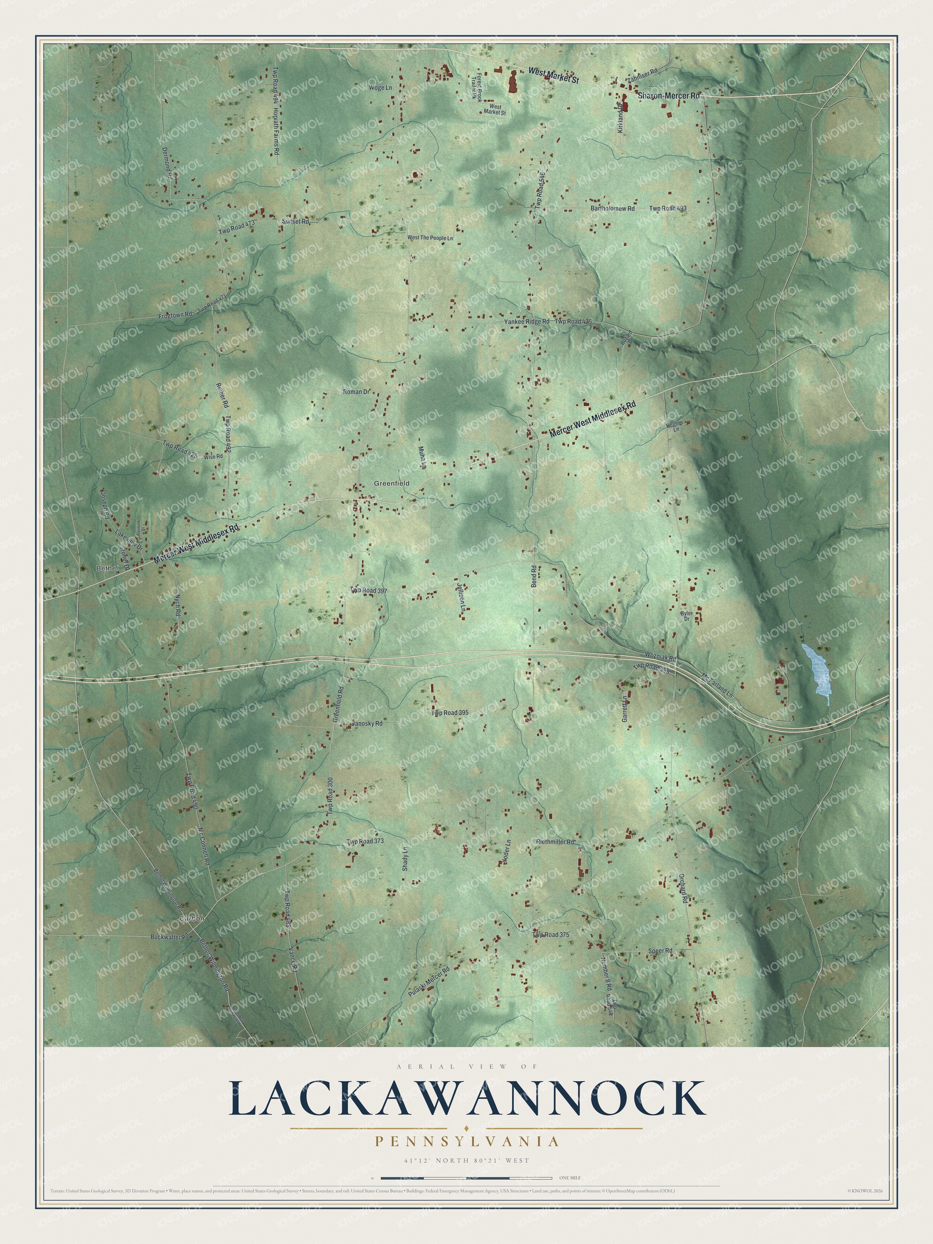 Full map of Lackawannock, Pennsylvania, with red buildings, printed street names and the land around them