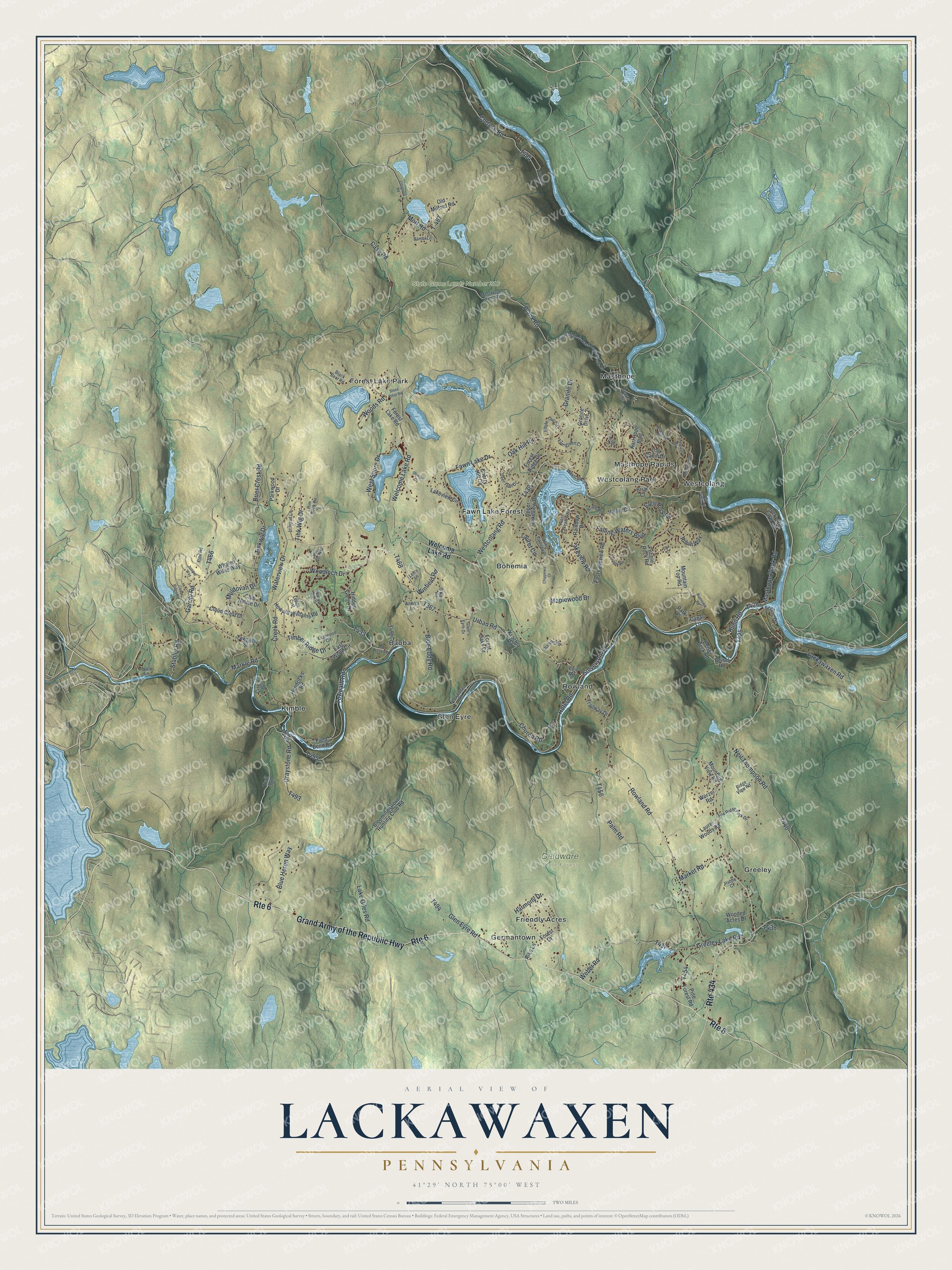 Full map of Lackawaxen, Pennsylvania, with red buildings, printed street names and the land around them