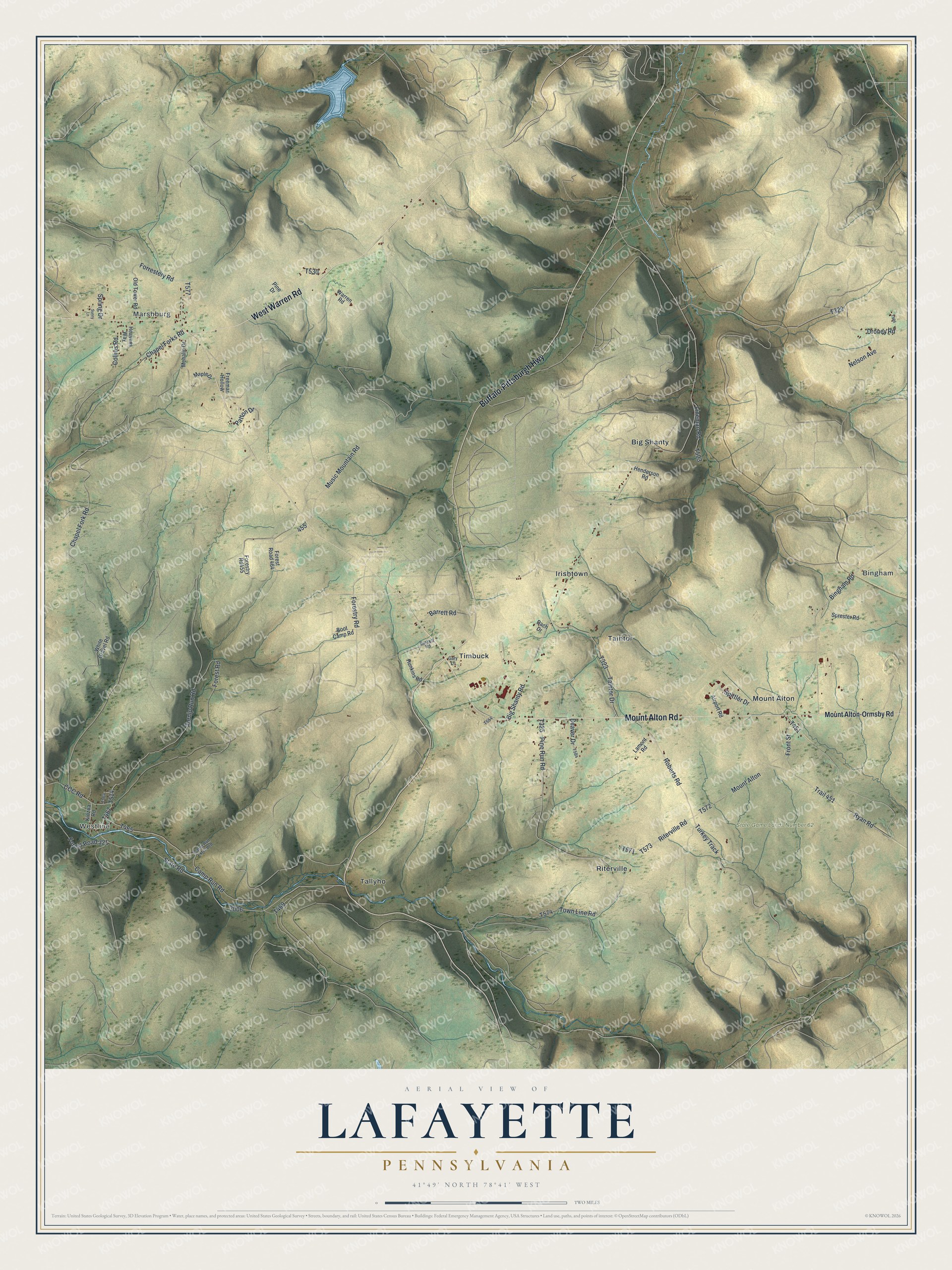 Full map of Lafayette, Pennsylvania, with red buildings, printed street names and the land around them