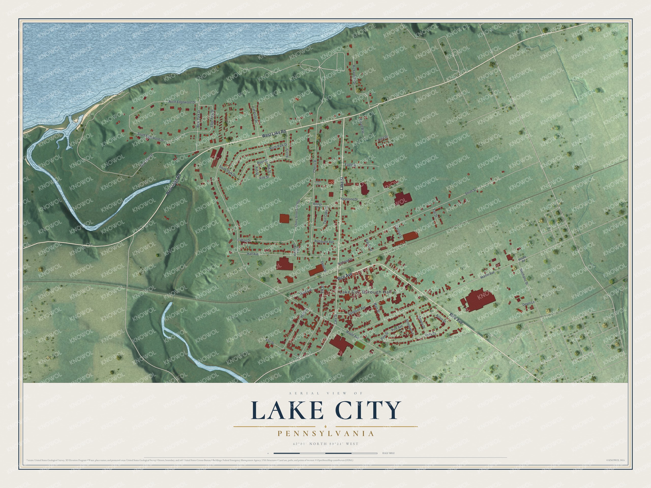 Full map of Lake City, Pennsylvania, with red buildings, printed street names and the land around them