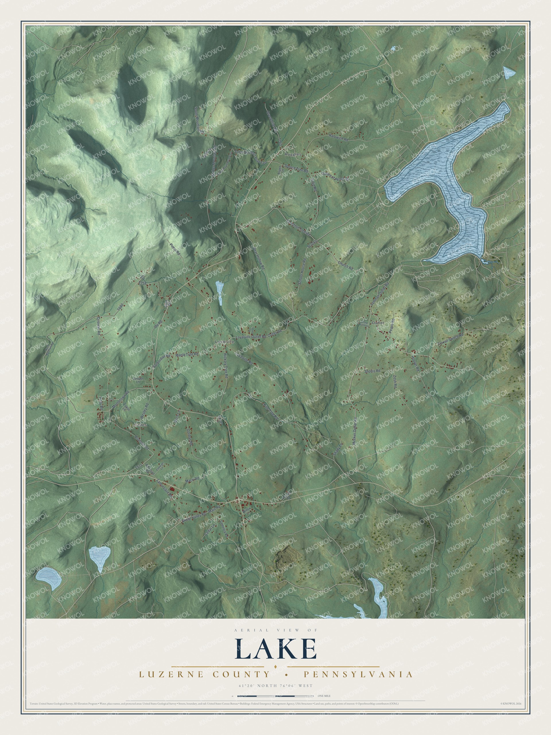 Full map of Lake, Luzerne County, Pennsylvania, with red buildings, printed street names and the land around them