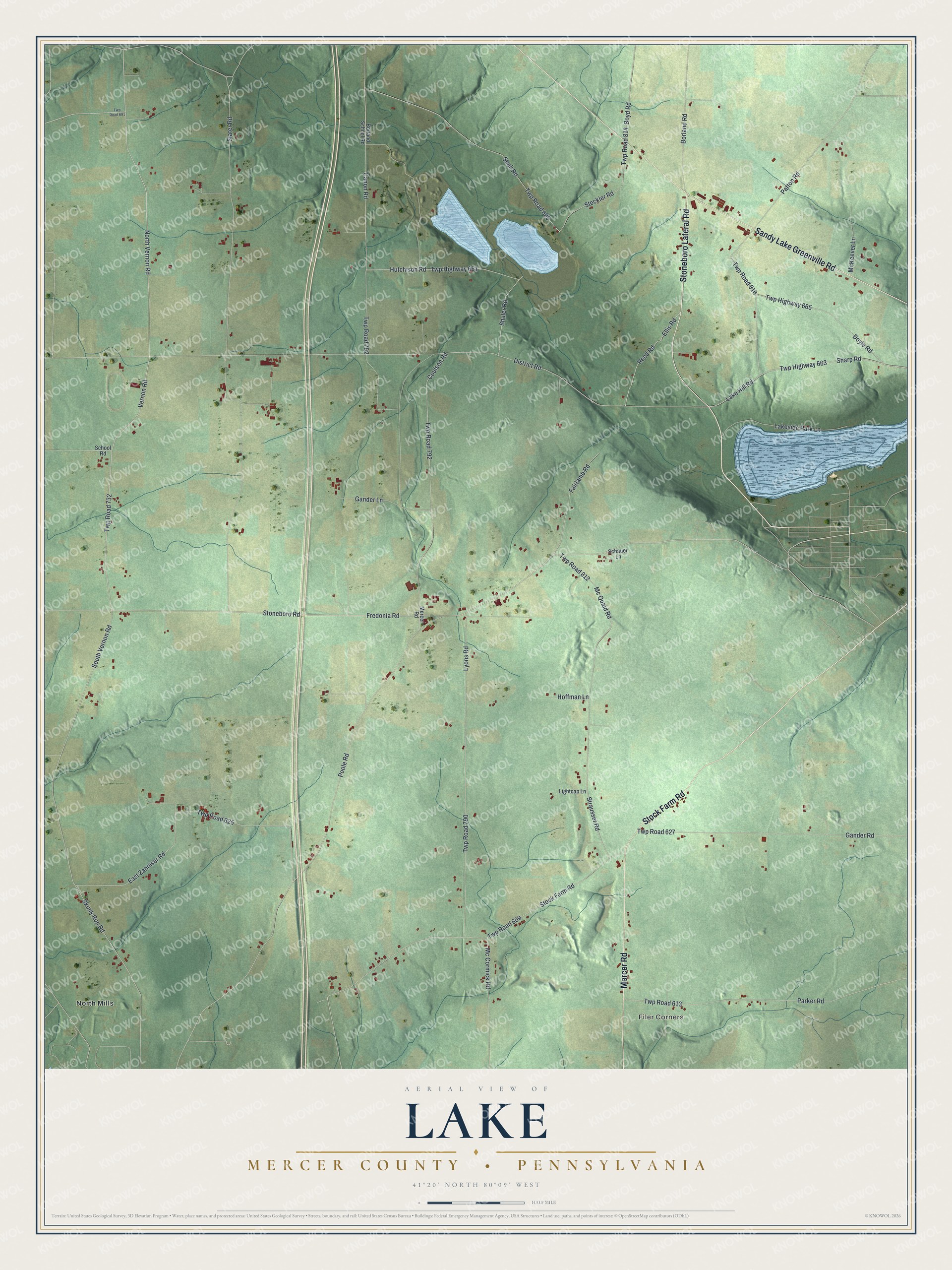 Full map of Lake, Mercer County, Pennsylvania, with red buildings, printed street names and the land around them