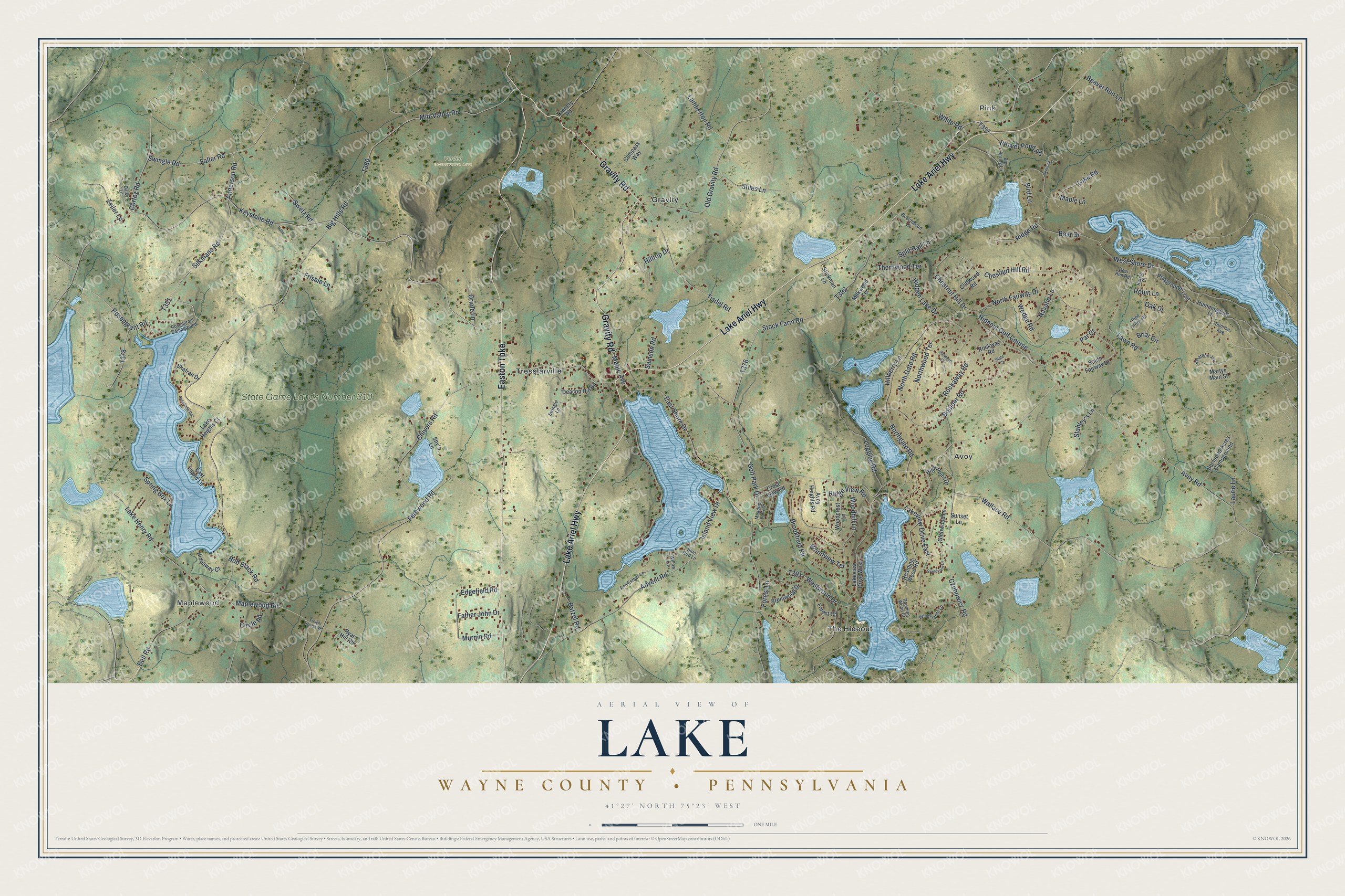 Full map of Lake, Wayne County, Pennsylvania, with red buildings, printed street names and the land around them