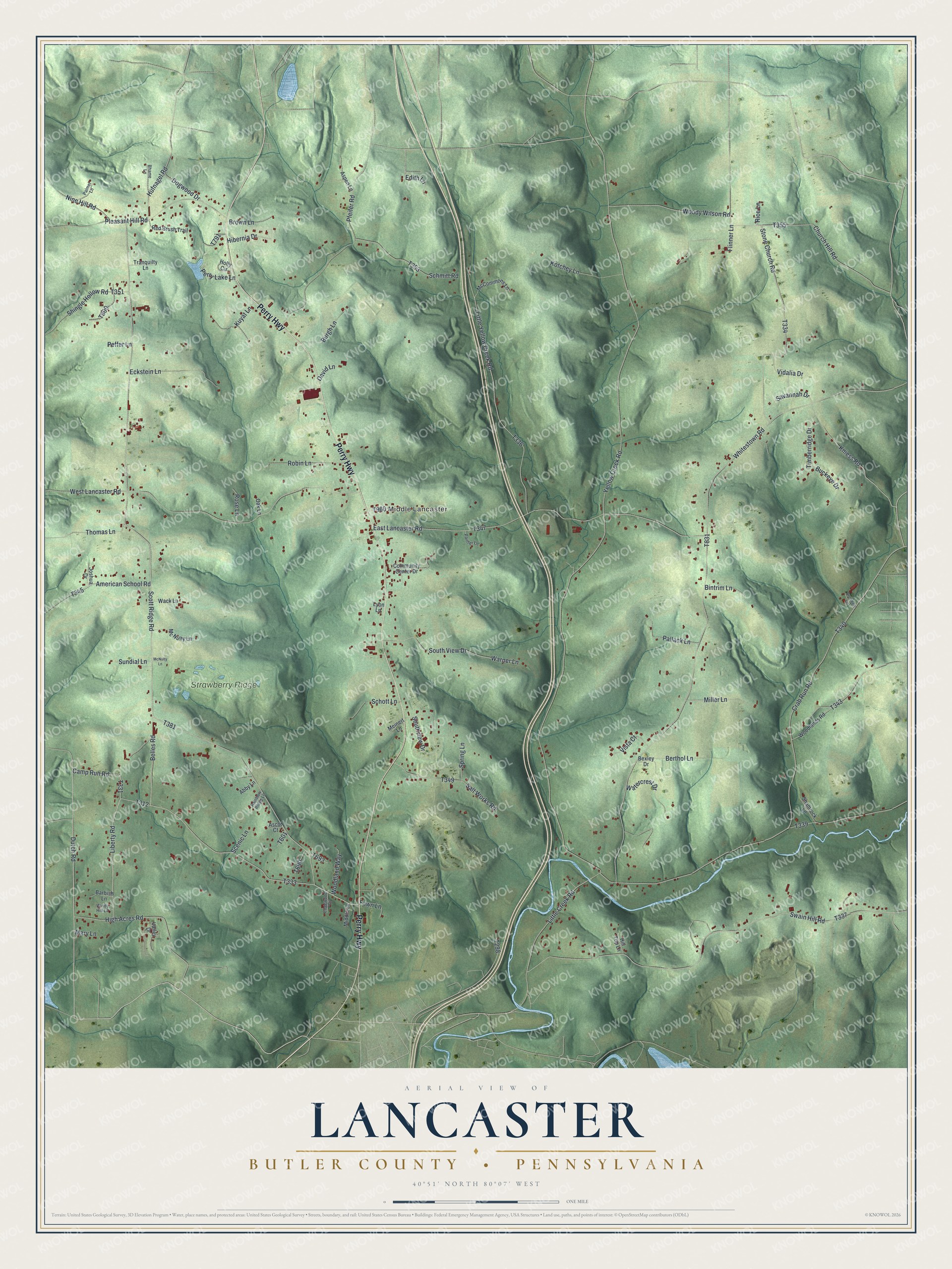 Full map of Lancaster, Butler County, Pennsylvania, with red buildings, printed street names and the land around them
