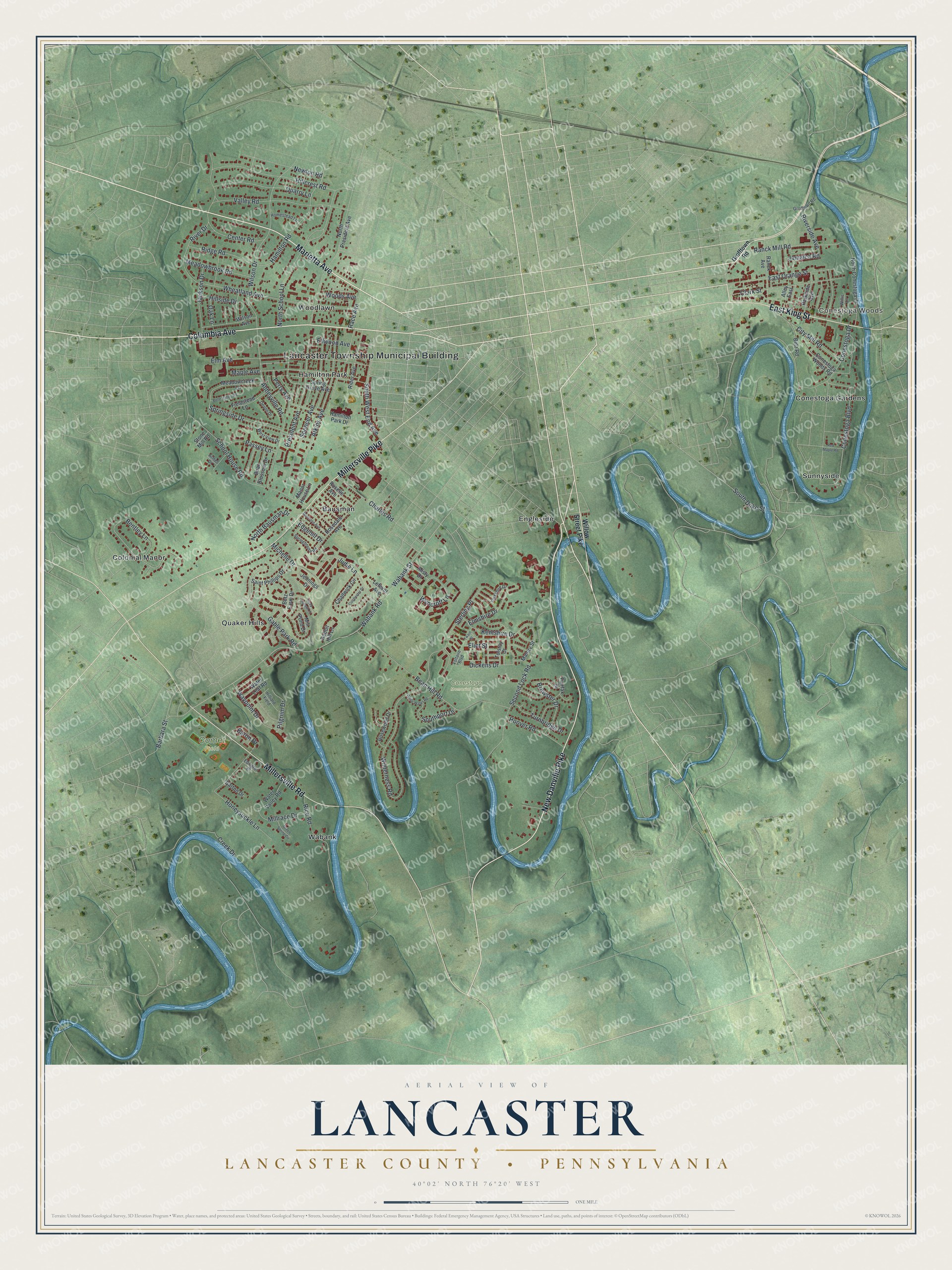 Full map of Lancaster Township, Lancaster County, Pennsylvania, with red buildings, printed street names and the land around them
