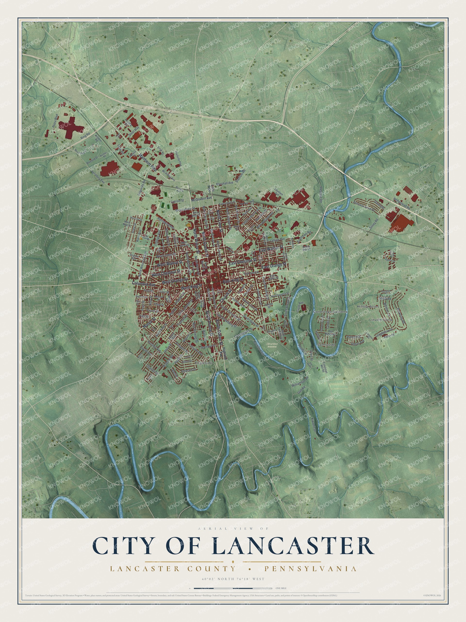 Full map of Lancaster City, Lancaster County, Pennsylvania, with red buildings, printed street names and the land around them