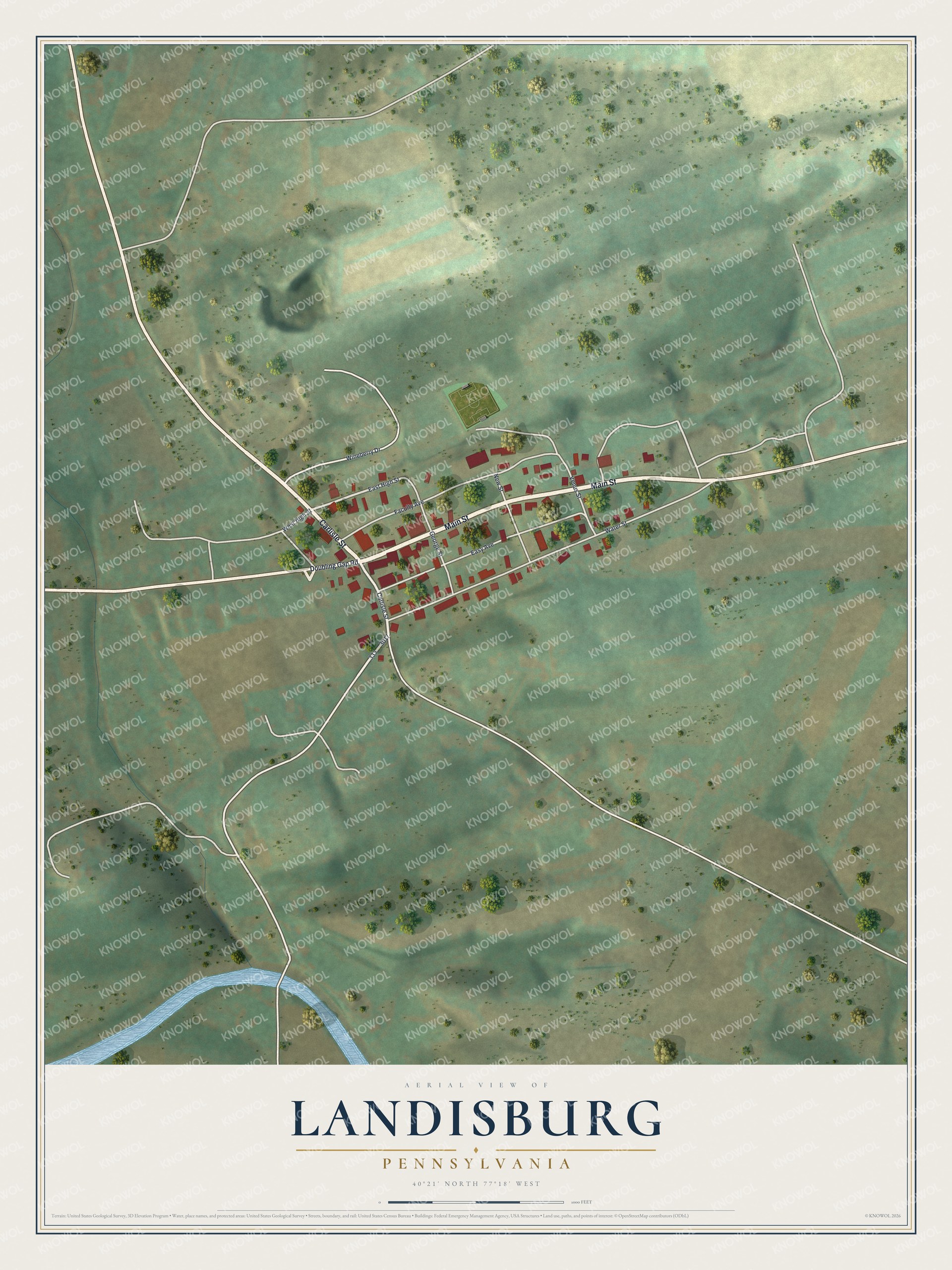Full map of Landisburg, Pennsylvania, with red buildings, printed street names and the land around them