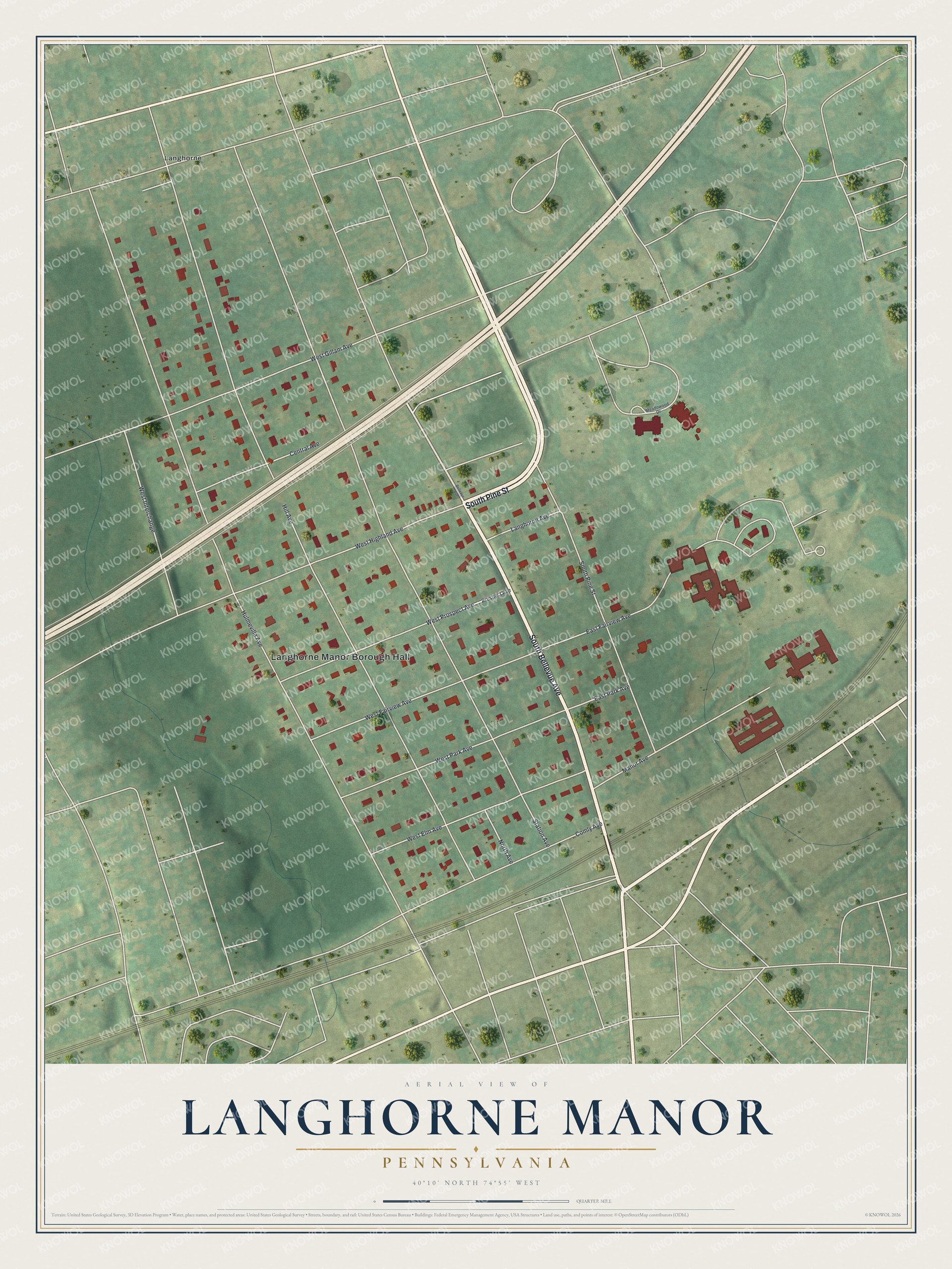 Full map of Langhorne Manor, Pennsylvania, with red buildings, printed street names and the land around them