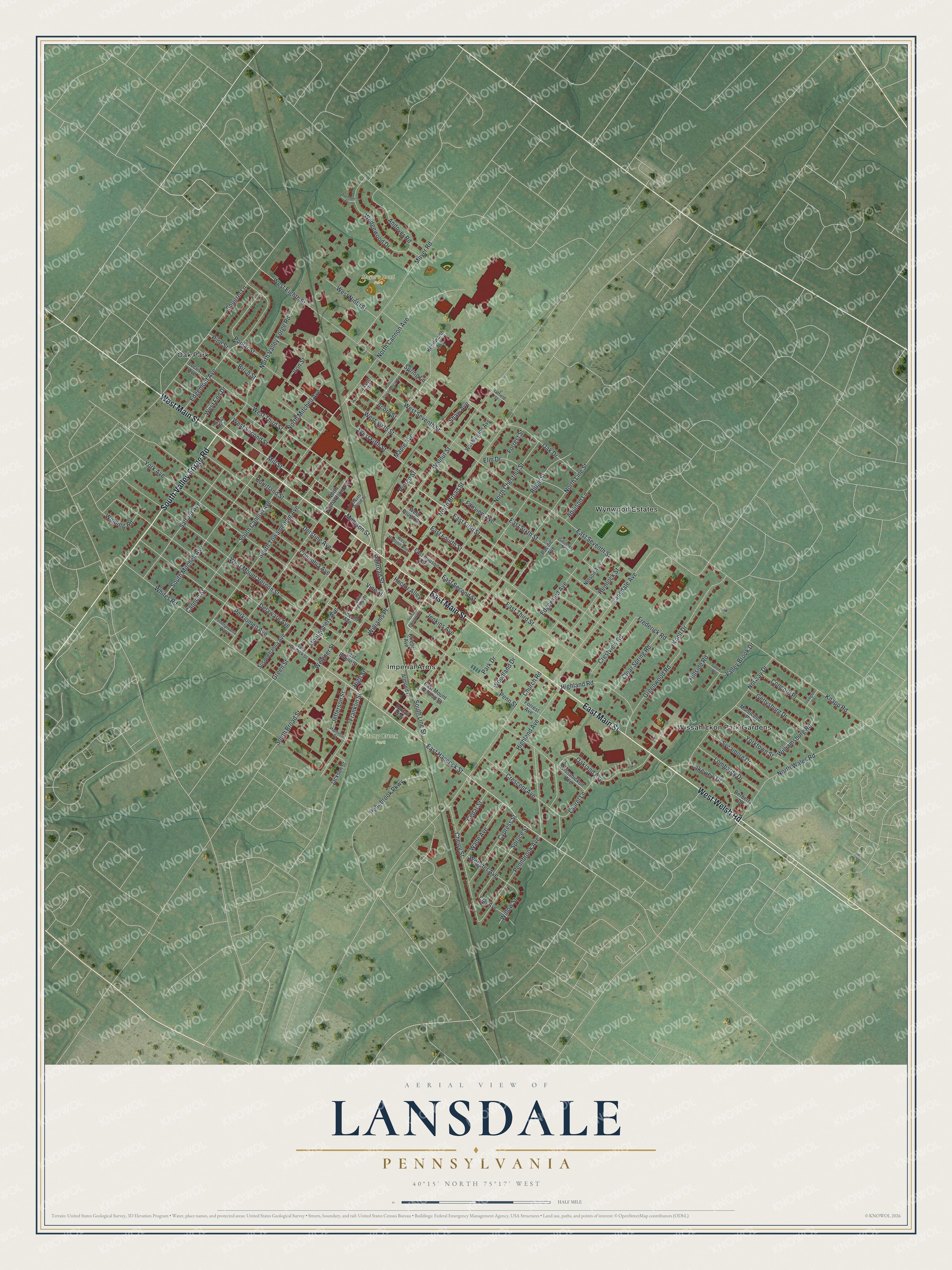 Full map of Lansdale, Pennsylvania, with red buildings, printed street names and the land around them