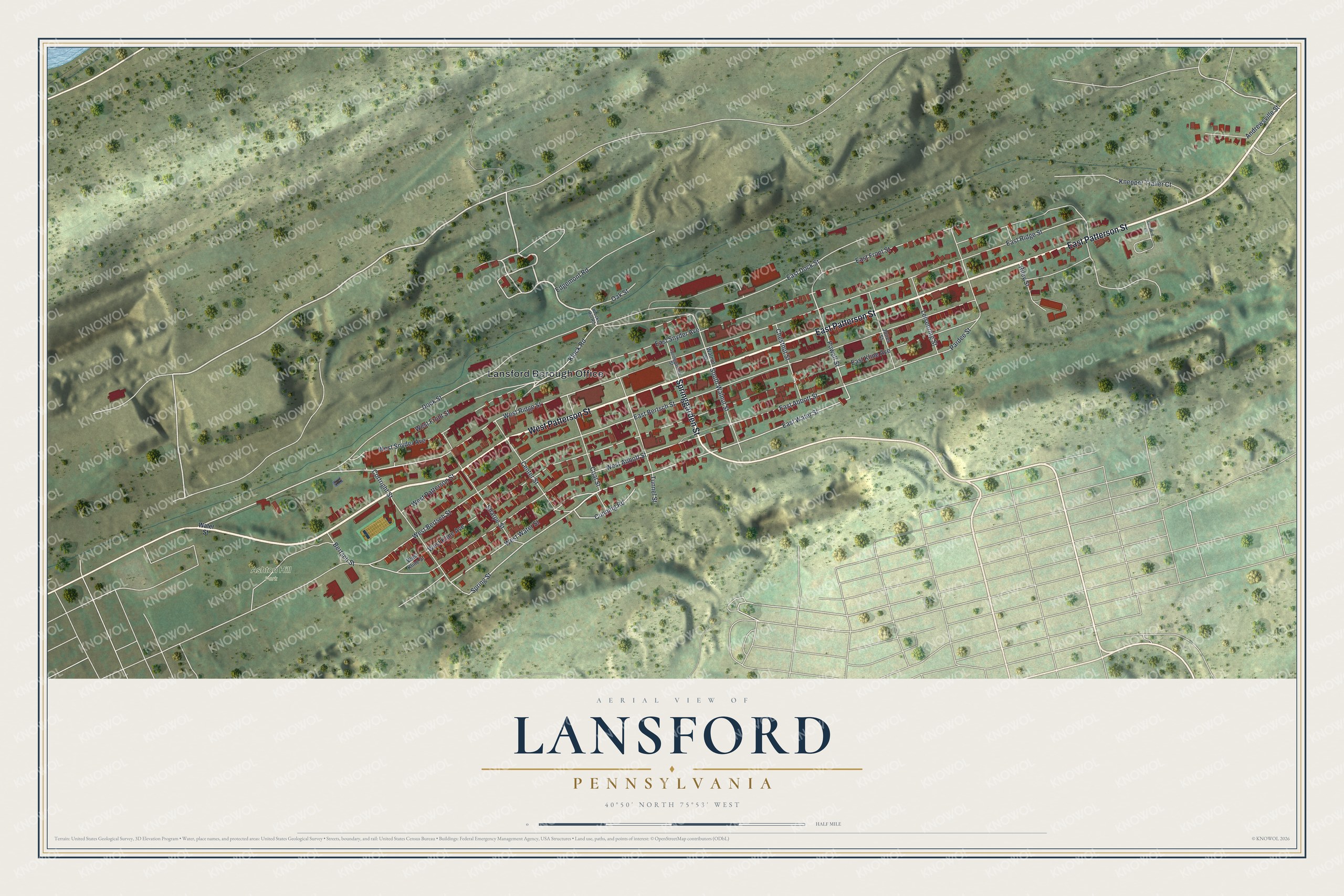 Full map of Lansford, Pennsylvania, with red buildings, printed street names and the land around them
