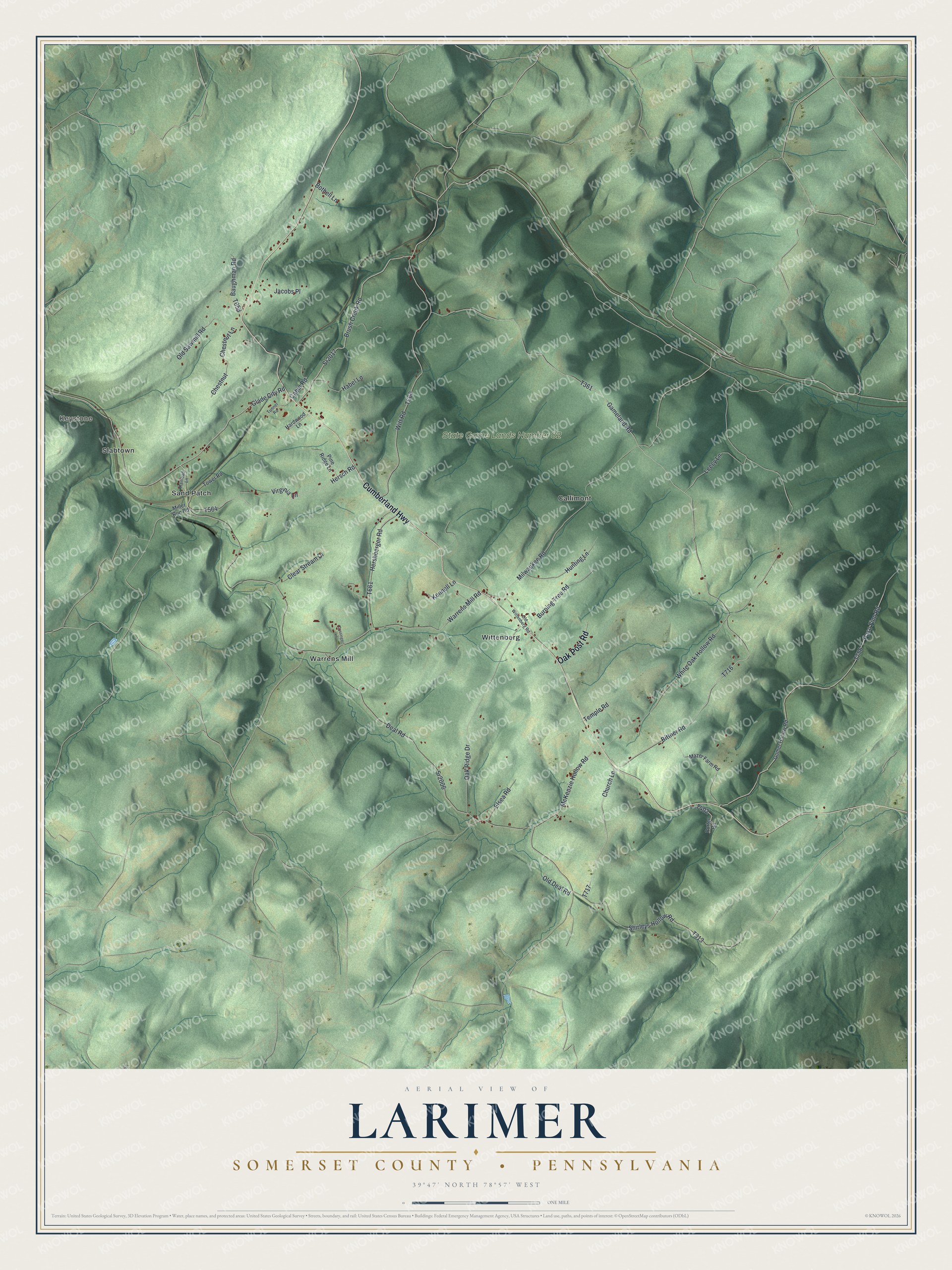Full map of Larimer, Somerset County, Pennsylvania, with red buildings, printed street names and the land around them