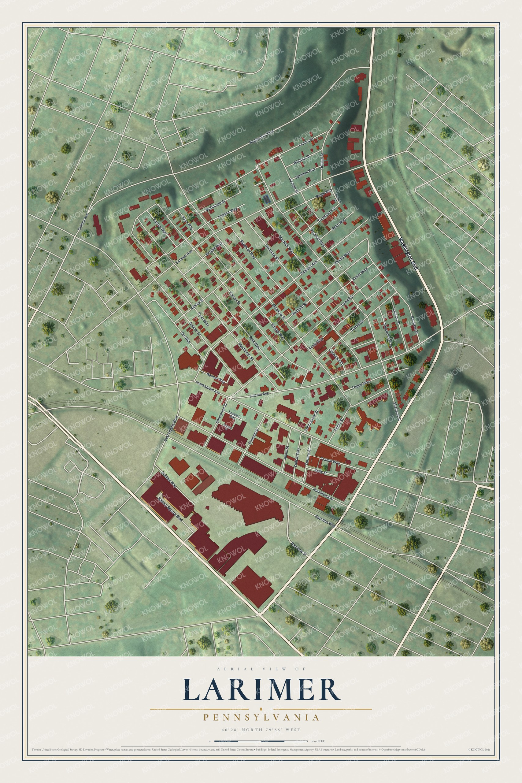 Full map of Larimer, Allegheny County, Pennsylvania, with red buildings, printed street names and the land around them