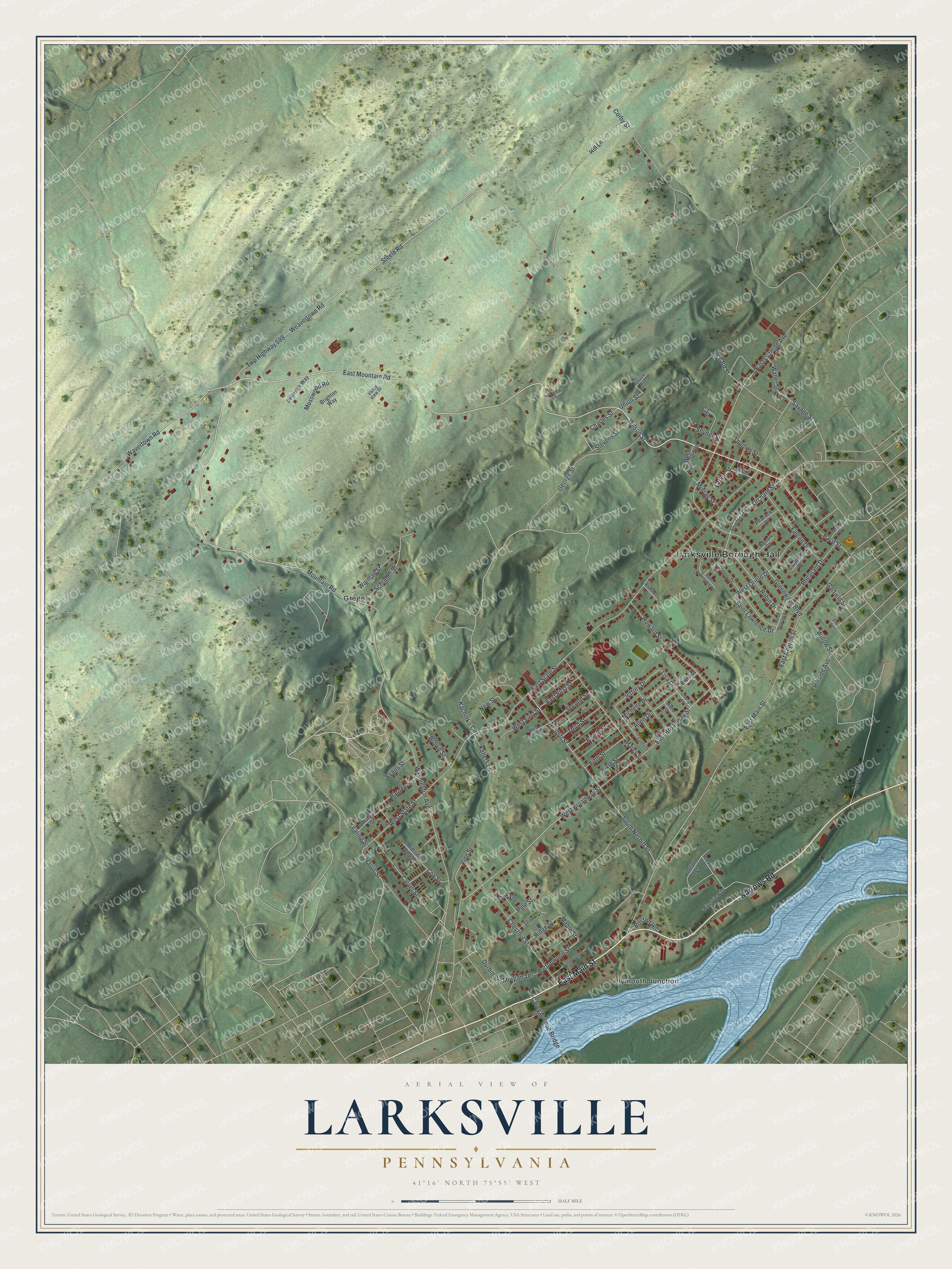 Full map of Larksville, Pennsylvania, with red buildings, printed street names and the land around them